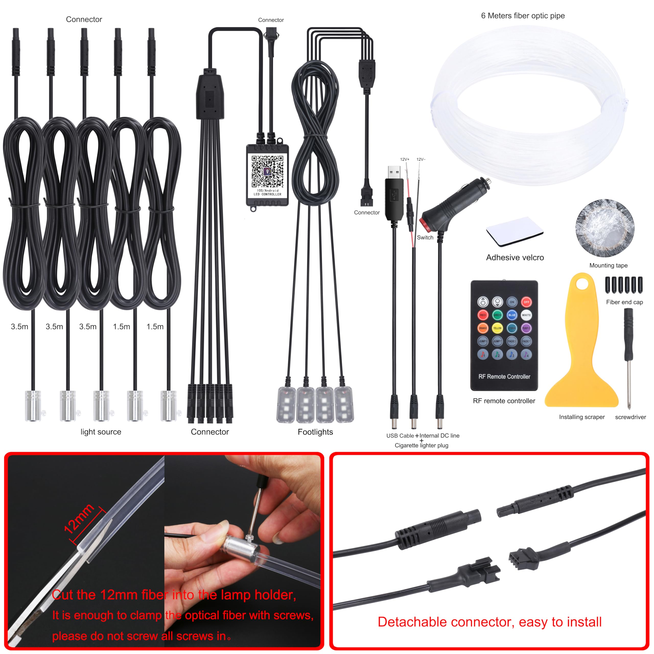 QAUBEN Car Ambient Lighting 64 Colors Multicoloured Music Optic Fiber Cable RF Remote + APP Control Car DIY Decorative Atmosphere Lighting DC 12V 1W 6m