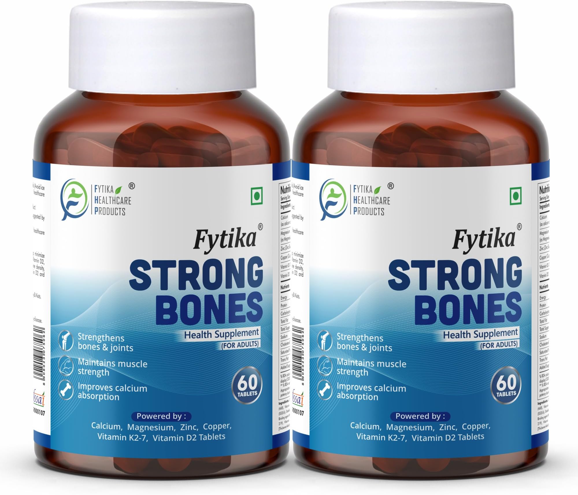 Fytika Strong Bones (Pack of 2) - 120 TABS | Calcium 1000mg + Vitamin D3 400IU Supplement with Magnesium, Zinc,Coper & Vitamin K2 for Complete Bone, Joint & Muscle Health - Women and Men
