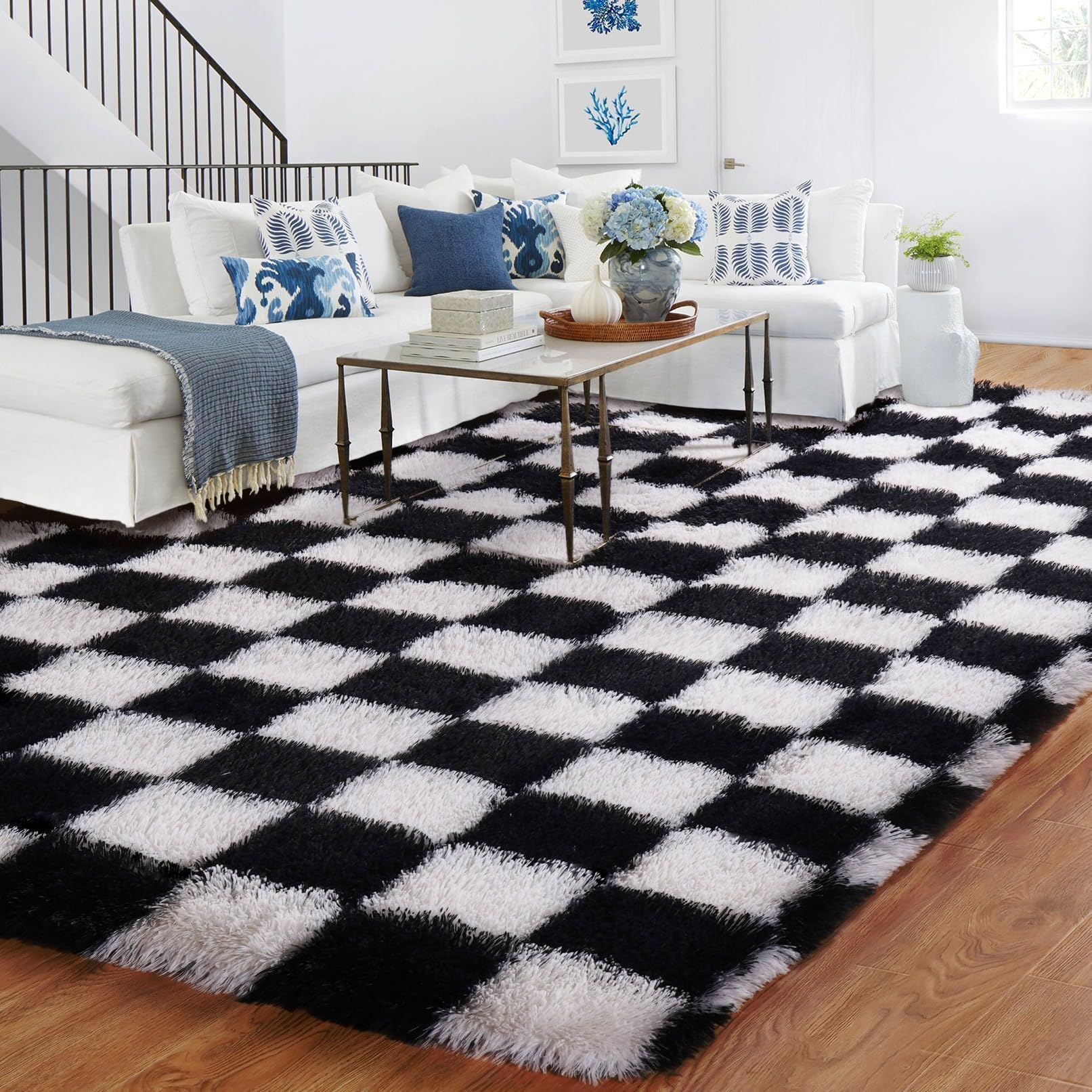 Large Rugs for Living Room, Checkered 180x270cm Black and White Bedroom Area Rugs for Kids Baby Room, Nursery, Dorm, Lounge, Thick Rug Soft Fluffy Plush Checkerboard Carpet