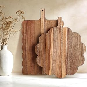 Acacia Wood Scalloped Cutting Boards Set, Decorative Wooden Charcuterie Boards with Handle for Cheese Pizza Meat Fruit Bread Baking, Cottagecore Farmhouse Kitchen Serving Trays Decor