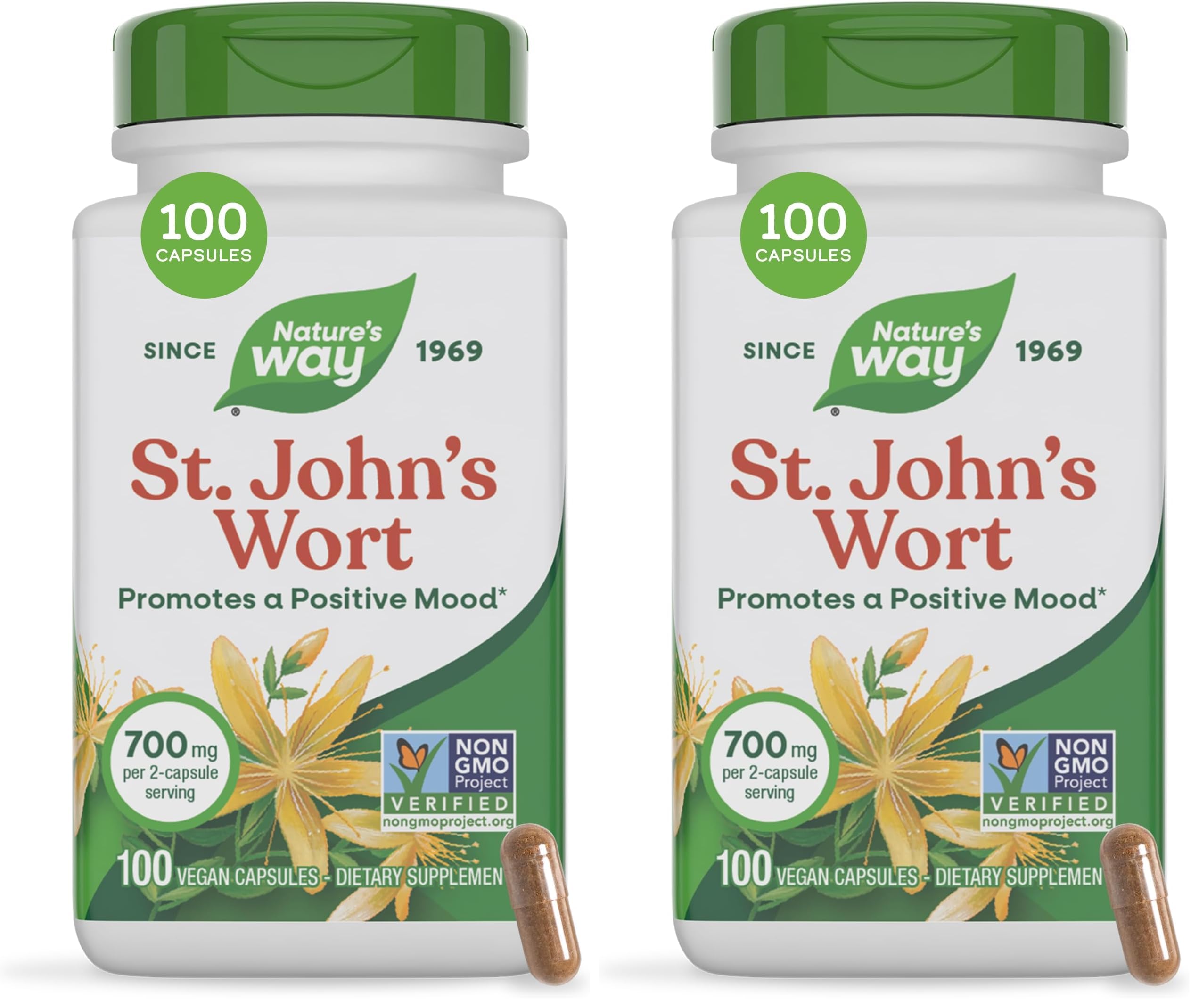 Nature's Way Premium St. John’s Wort Herb, Promotes Positive Outlook*, 700 mg per Serving, 100 Vegan Capsules (Pack of 2) 100 Count (Pack of 2)