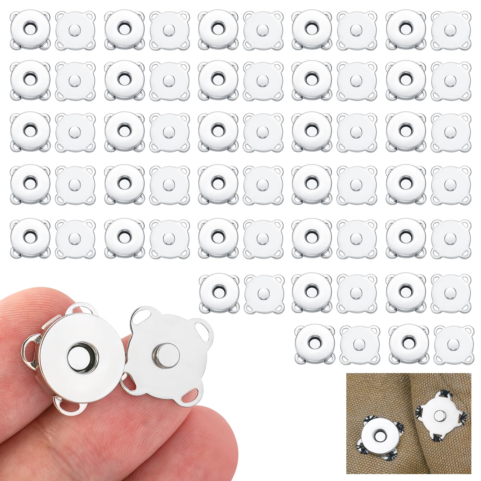 Pack of 30 Magnetic Snap Fasteners Silver, Invisible Strong Sew-in Metal Clasps 15mm for Handbags, Purses, Wallets, Clothing and DIY Sewing Crafts