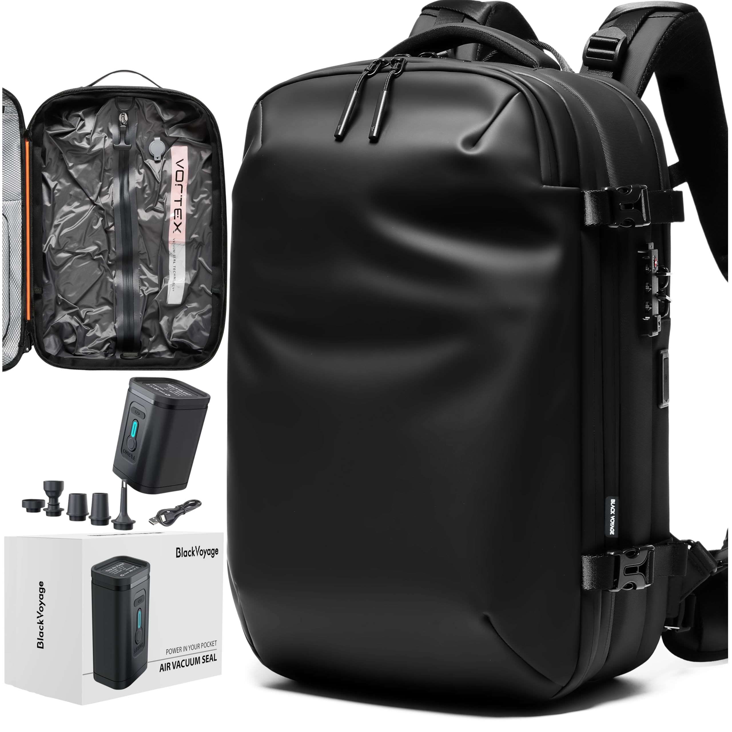 Vortex Vacuum Seal Travel Backpack 60L Expandable Air Compression System Water Resistant TSA Lock Carry-On Suitcase Luggage Black Zephyr - Vacuum Pump Included