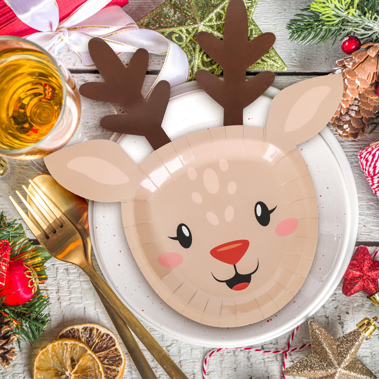 JarThenaAMCS 48 platos de papel de alce de Navidad, divertidos platos desechables de renos de dibujos animados para cumpleaños, invierno, vacaciones, fiestas, suministros de decoración de mesa