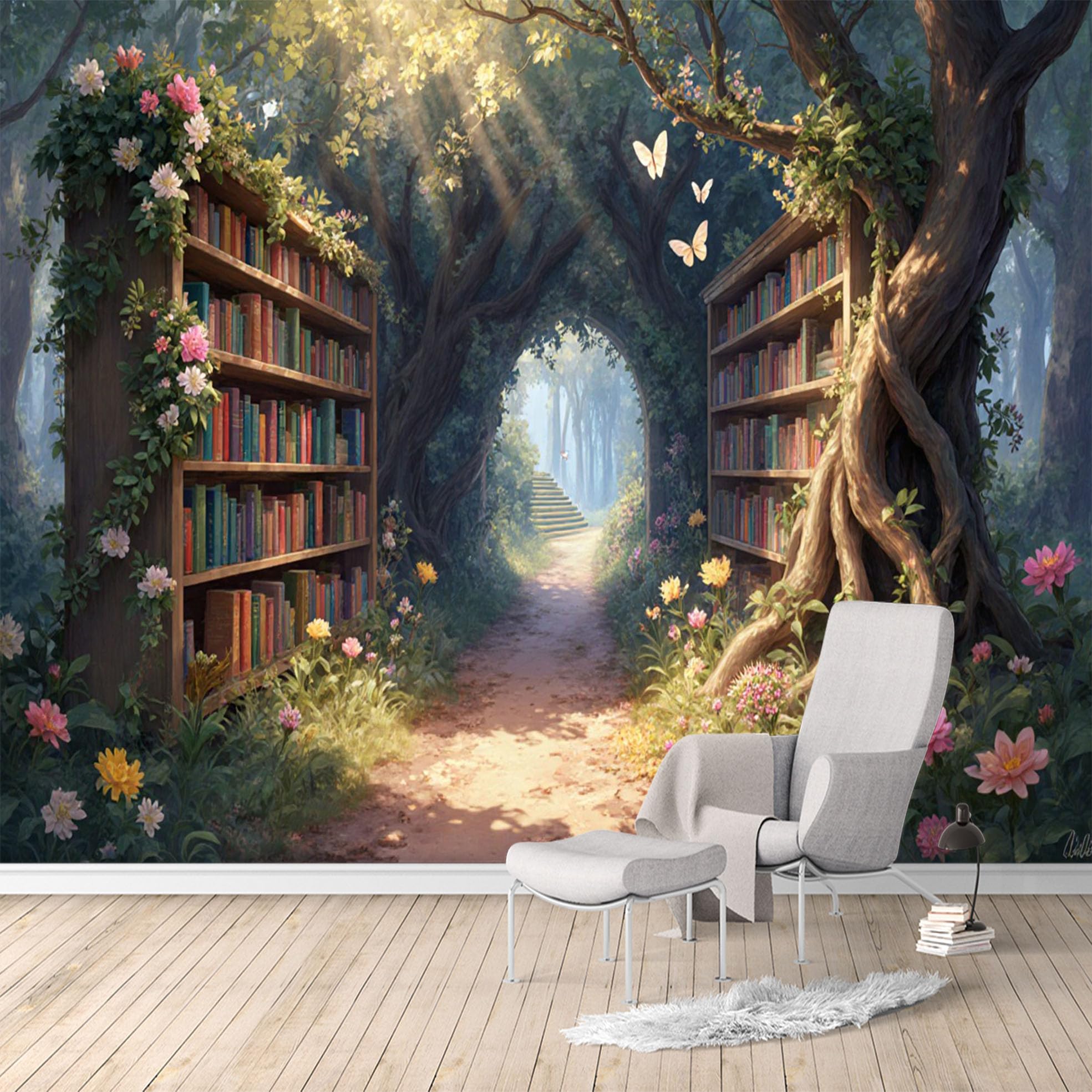 Custom Size Wall Murals, Enchanted Forest Library Bookshelf Stairway Path, SelfAdhesive Water Activated Removable Wall Covering, Large Photo Wallpaper for Living Room Bedroom Office