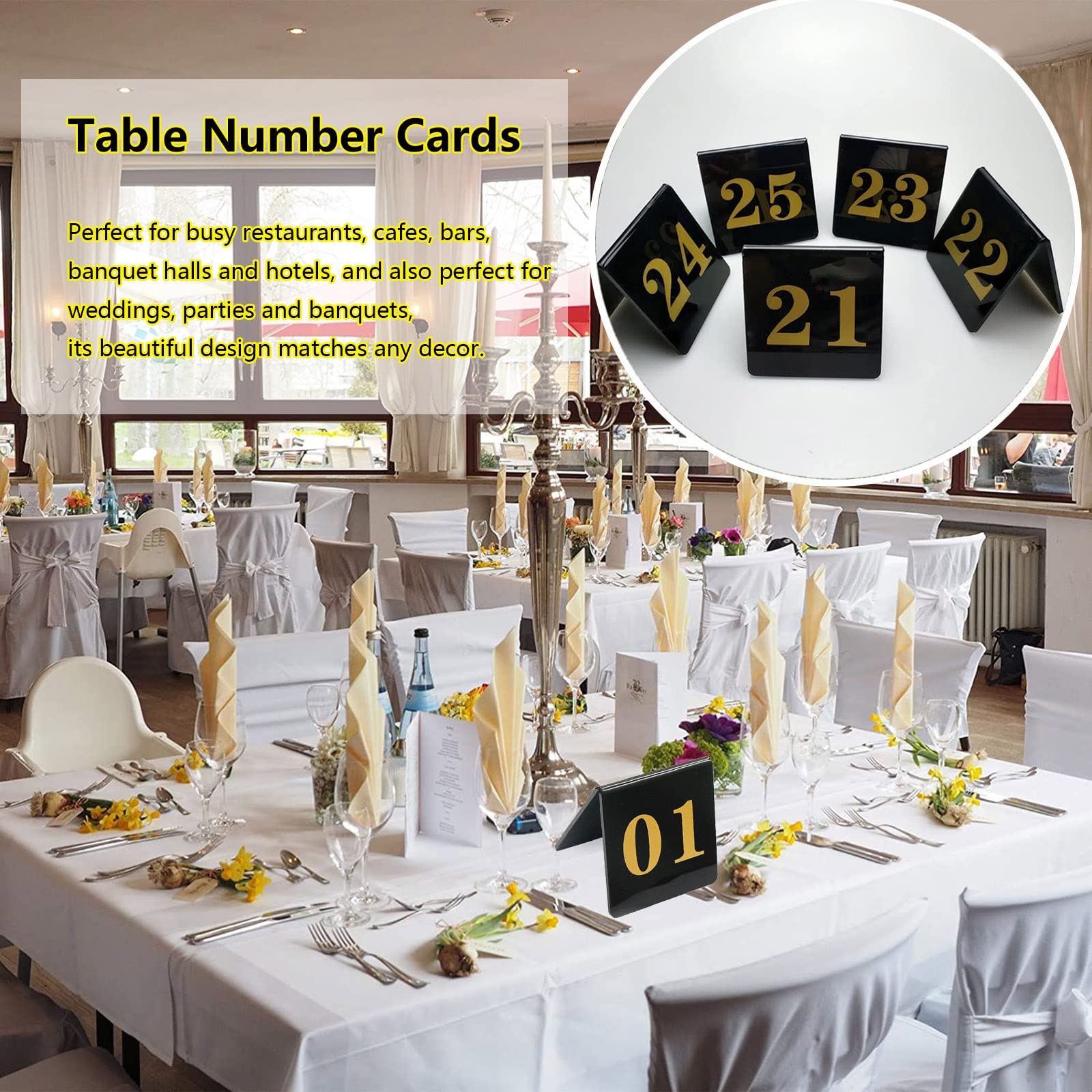 Tarjetas acrílicas para números de mesa 1-25/50/100 Placas de carteles digitales de doble cara - Fácil de leer - Permite a los invitados sentarse rápidamente, para restaurantes, bares, fiestas, tarj