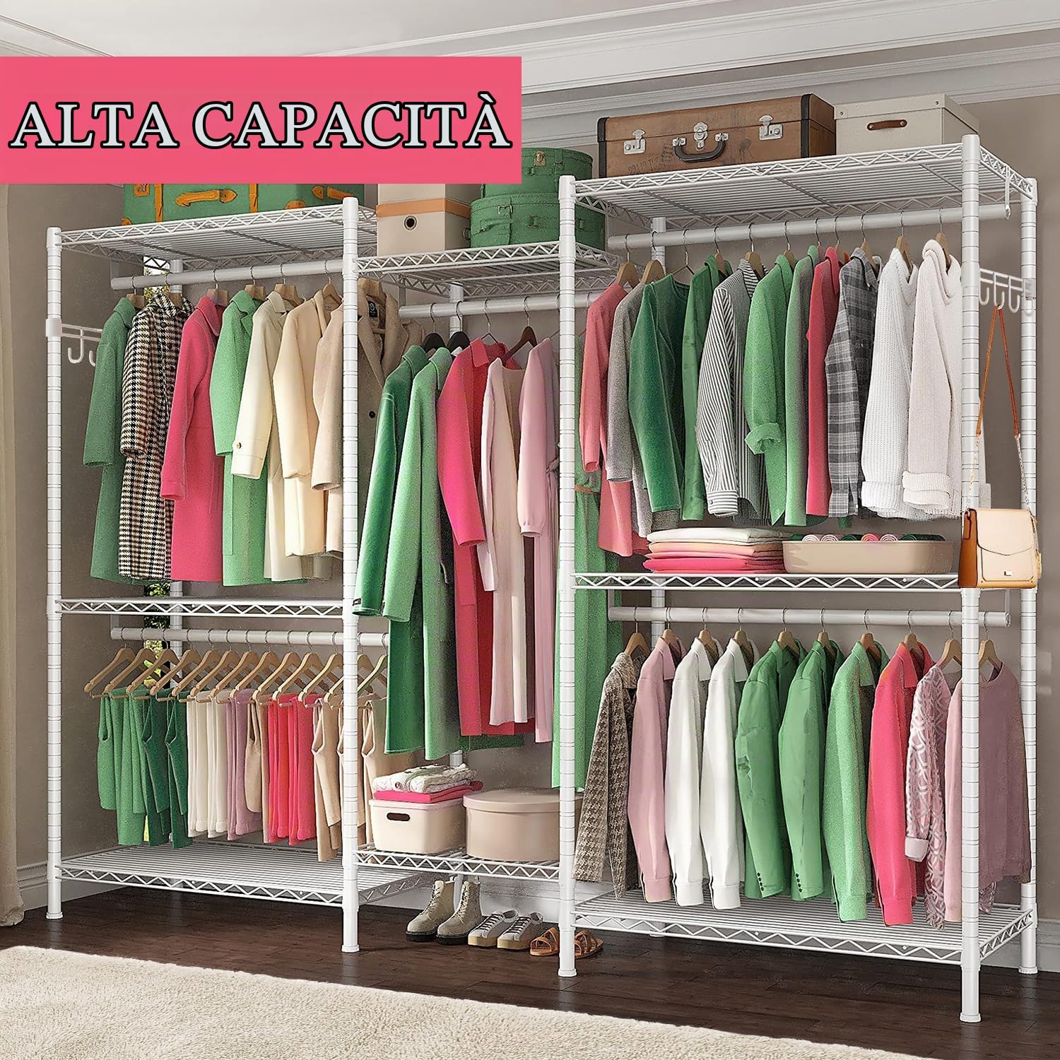 Stand Appendiabiti in Metallo，Armadio, Guardaroba, Appendiabiti, Stand Appendiabiti regolabile e Multifunzionale con Ruote Aste, Ripiani Portaoggetti,Nero (Bianco, 187 * 44 * 194cm)