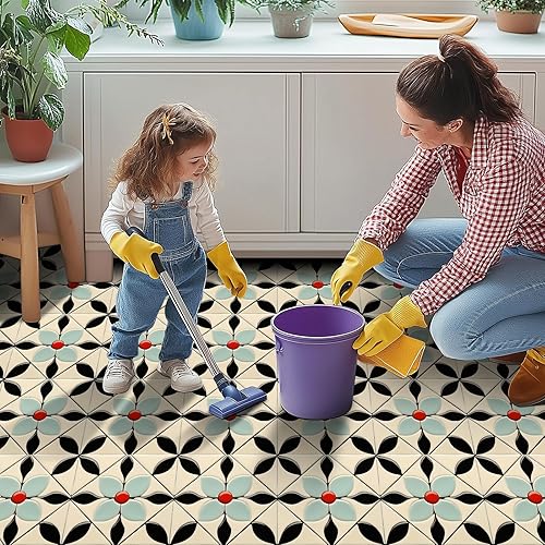 Miniatura 6 de 10 azulejos de piso de pétalos azules con diseño floral retro floral rojo centro azul de pétalos para despegar y pegar, autoadhesivas,