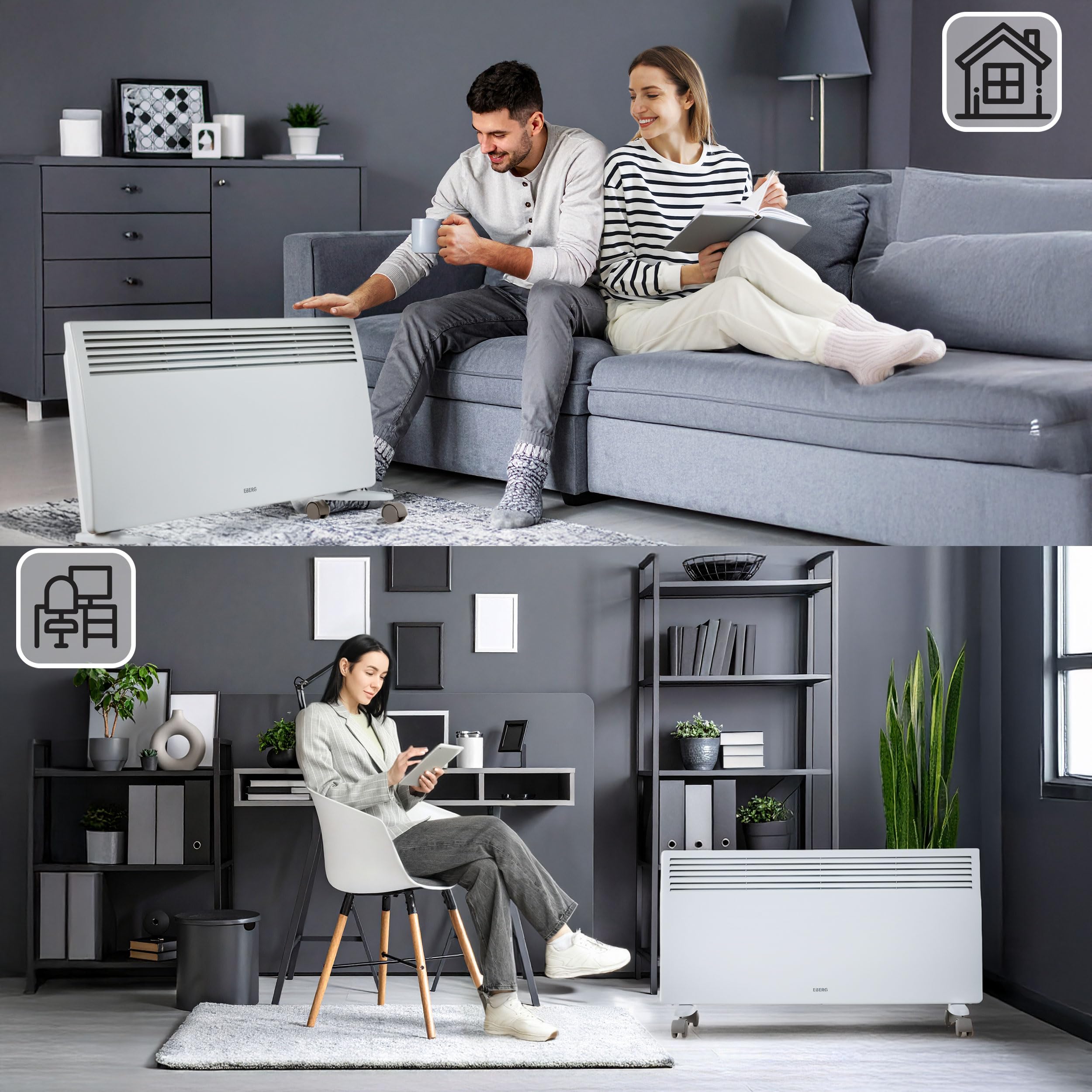 EBERG VECTO V20Y1 Grzejnik konwektorowy 2000 W z termostatem, 2 poziomy mocy 1000/2000 W, grzałka X-Shape, zabezpieczenie przed przegrzaniem i przewróceniem, biały
