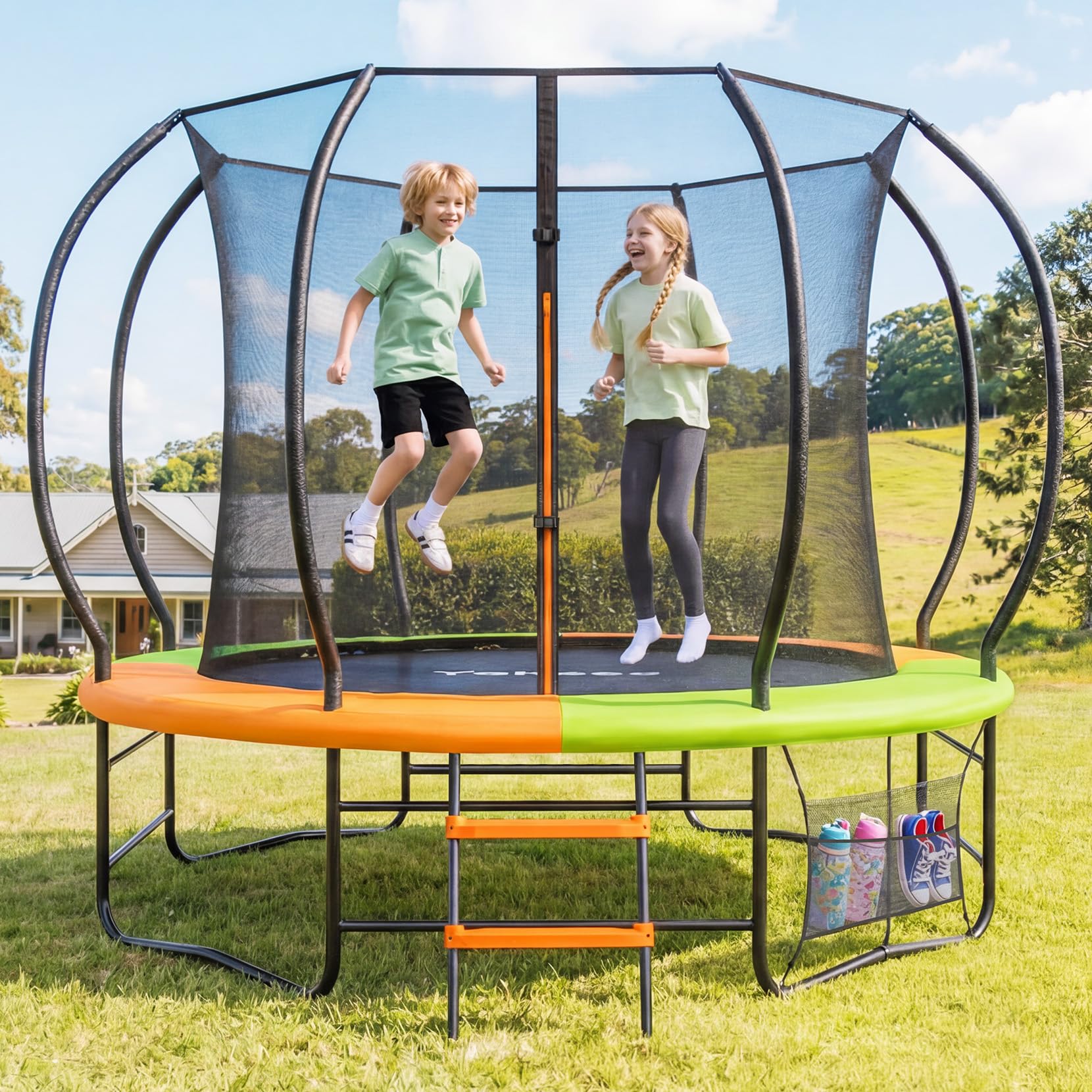 Trampolin Outdoor Ø228/305/366 cm, GS-Zertifikat, Gartentrampolin für Kinder, Stabile Rahmenkonstruktion, Trampolin mit Tasche, Leiter, Randabdeckung & gepolsterten Netzstangen