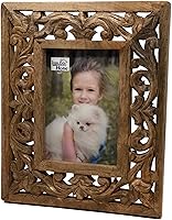 MMIDECOR Handcarved Mango Wood 5x7 Toledo Picture Frame - Natural Finish, Real Glass, Tabletop & Wall Mount Rustic Decor