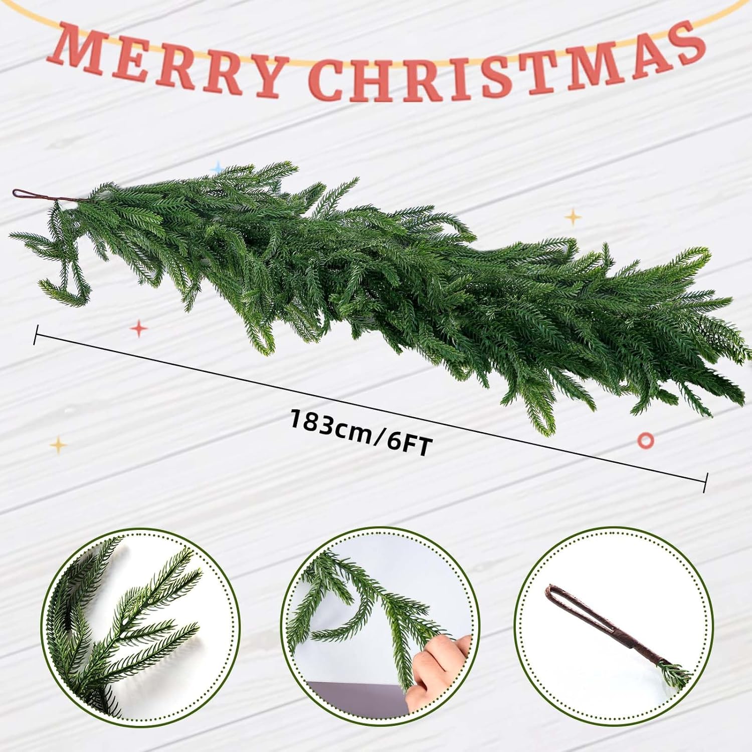 2 Pack 6FT Real Touch Norfolk Pine Garland – Artificial Evergreen Greenery Christmas Decoration for Mantel, Staircase, Table, Indoor Outdoor Rustic Farmhouse Winter Holiday Decor - Image 2