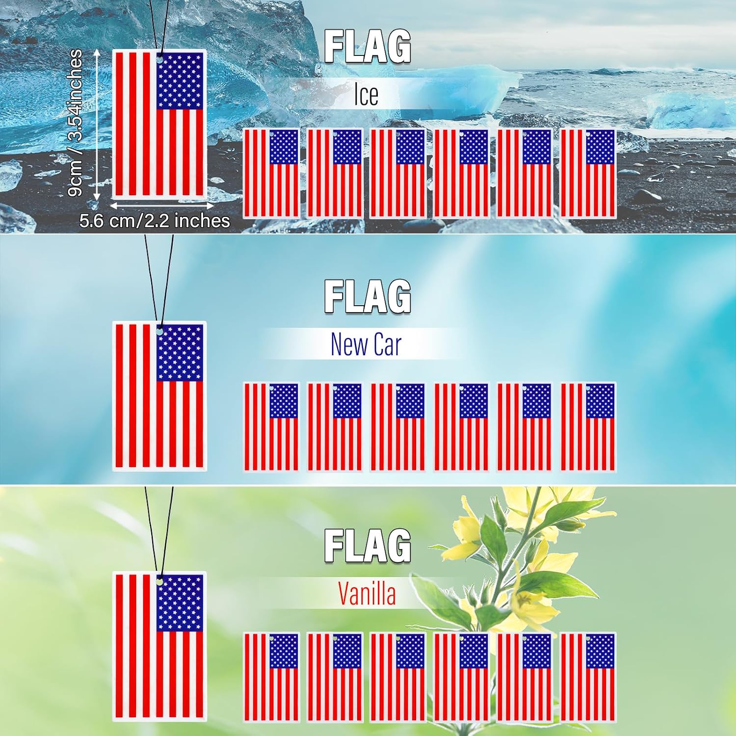 Dunzy 30 Pcs Air Freshener American Flag Car Freshener Patriotic USA Flag Hanging Automotive 250 Year Anniversary Air Fresheners for Independence Day Auto Accessories, 3 Scents(Red Blue Style)