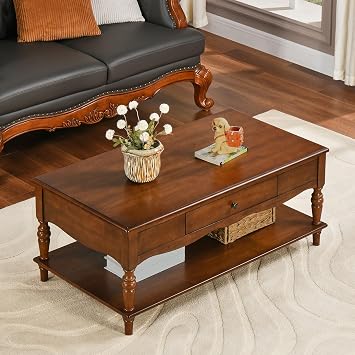 Rectangular Coffee Table with 2 Storage Drawers, Mid-century Solid Wood Living Room Table with Carved Leg, Elegant Vintage Center Table, No-Tools Assembly, 43.3L x 23.6W x 18H Caramel Brown KFZC008