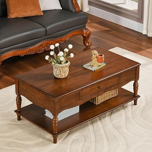 Rectangular Coffee Table with 2 Storage Drawers, Mid-century Solid Wood
