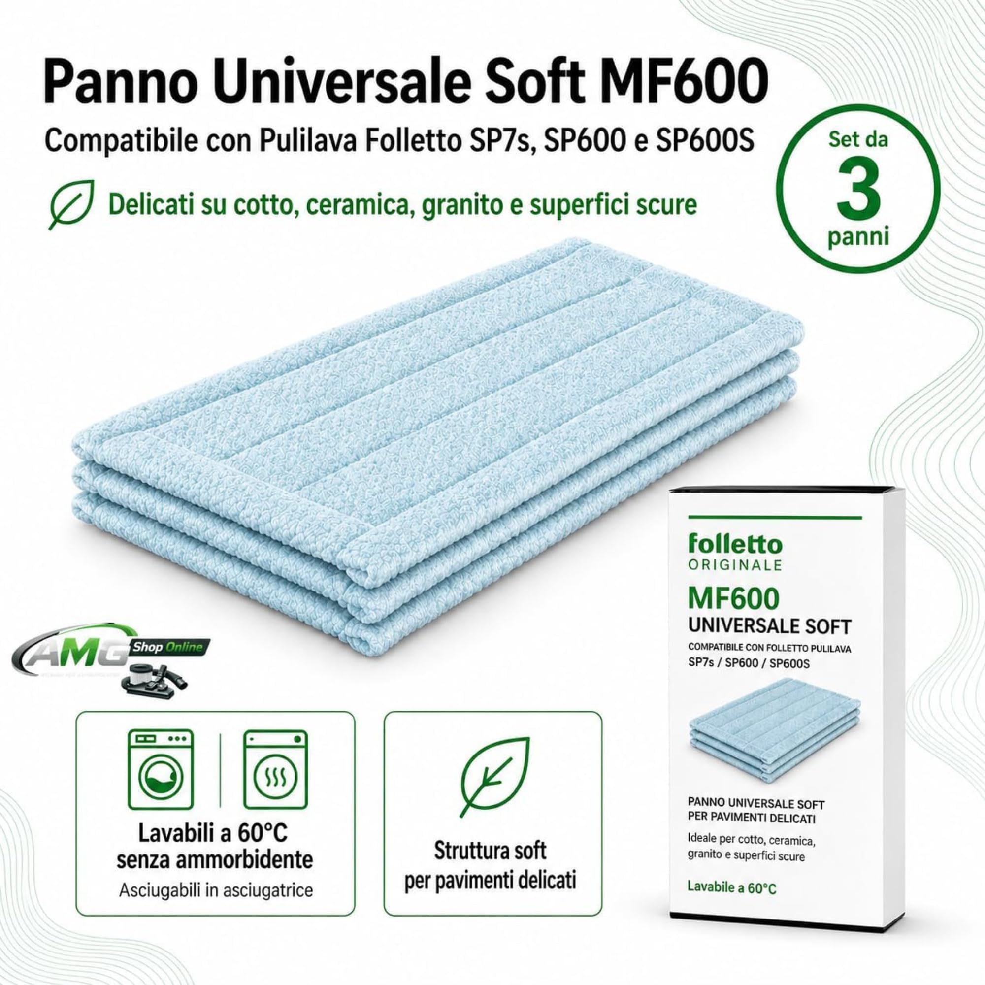 SET 3 PANNI LAVAPAVIMENTI Universale Soft MF600 ORIGINALE + Detergente KOBOCLEAN per Folletto Pulilava SP7s, SP600 e SP600S - Ricambi Folletto per Pavimenti Delicati, Cotto, Ceramica, Granito