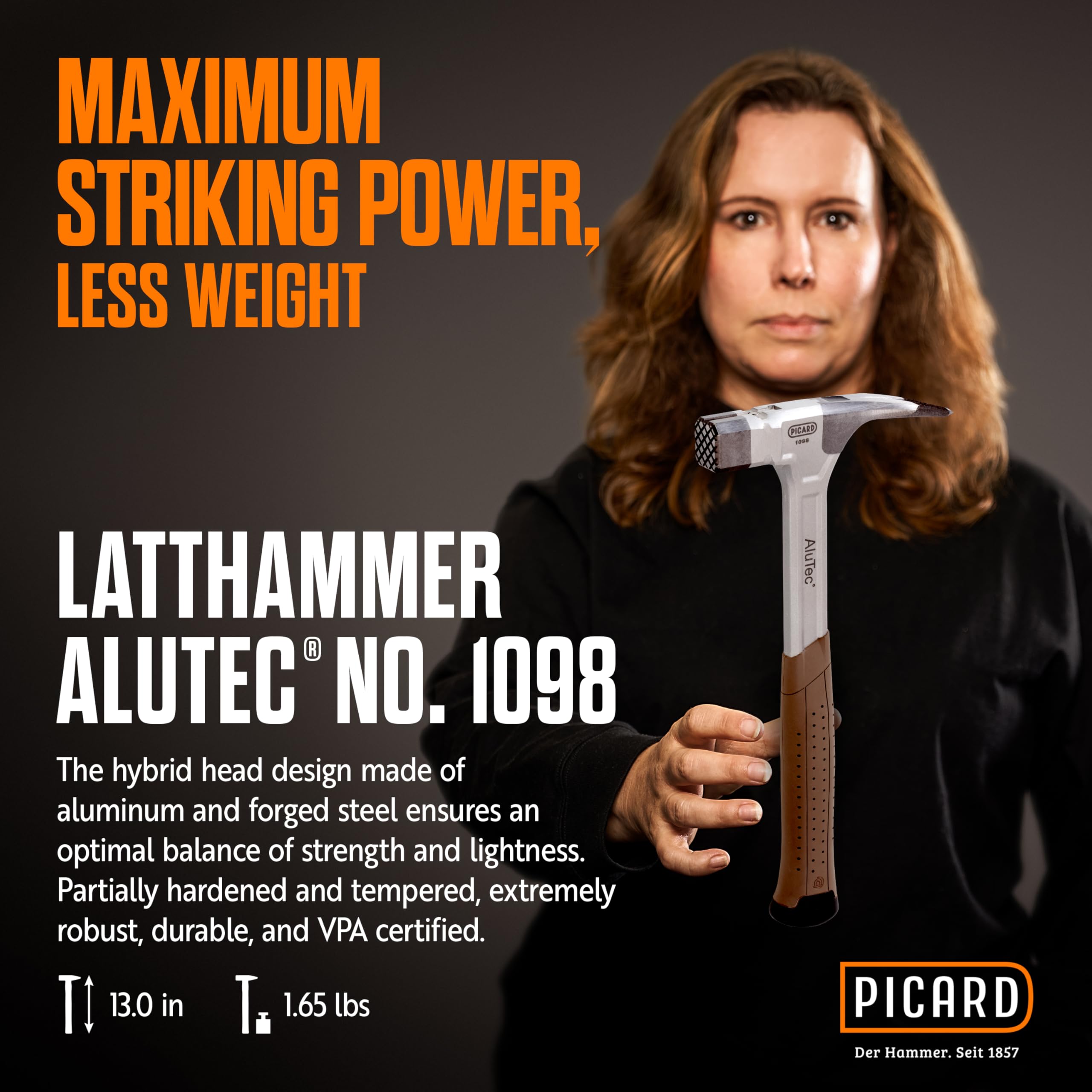 PICARD AluTec® nr 1098 Młotek dachowy, szorstki szyn, profesjonalne narzędzie ręczne dla dekarzy i stolarzy, ergonomiczny i wytrzymały, waga całkowita 750 g, certyfikat VPA, z magnetycznym uchwytem na
