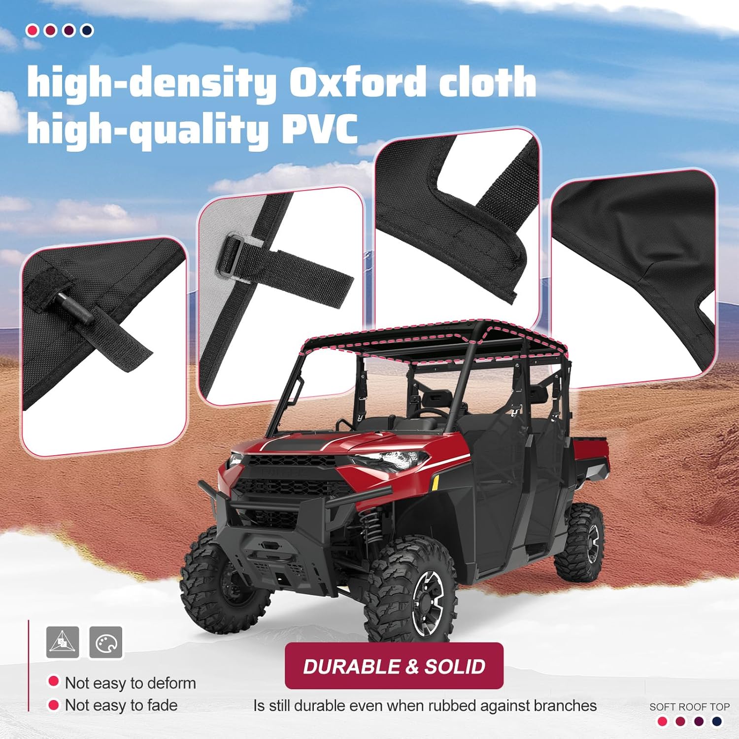 4-6 Seat Soft Roof Top Compatible with 2015-2025 Polaris Ranger Crew 1000/XP 1000/Ranger Crew 900/XP 900/ Ranger Crew 570/ XP 570 Polaris Pro XD Series Top Roof Sunshade Rainproof Black Plastic