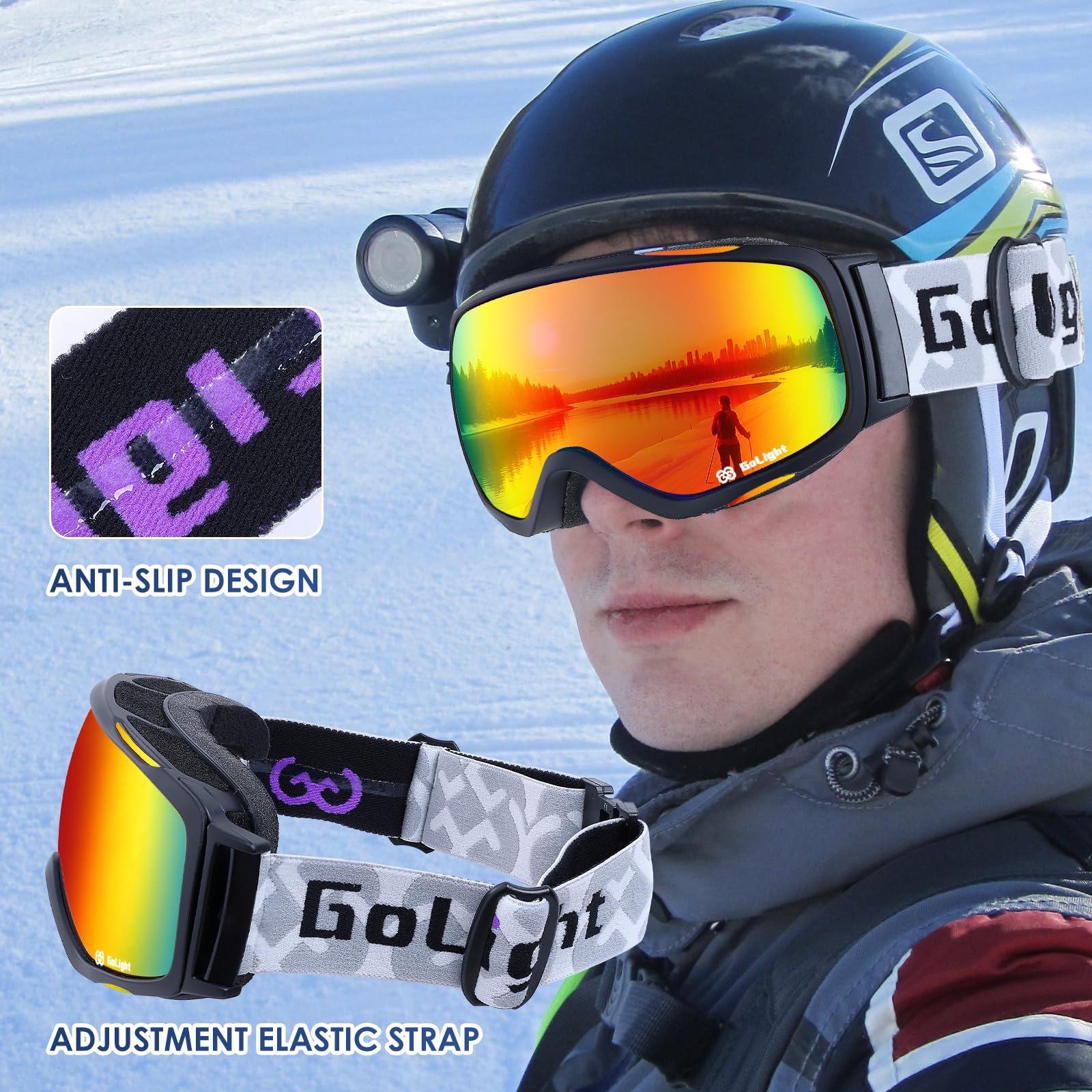 GoLight OTG Occhiali da sci YG-48 per snowboard, lenti sferiche, 100% protezione UV, anti-appannamento, occhiali da neve invernali OTG per uomini donne, motoslitta, sci, pattinaggio, marrone+revo