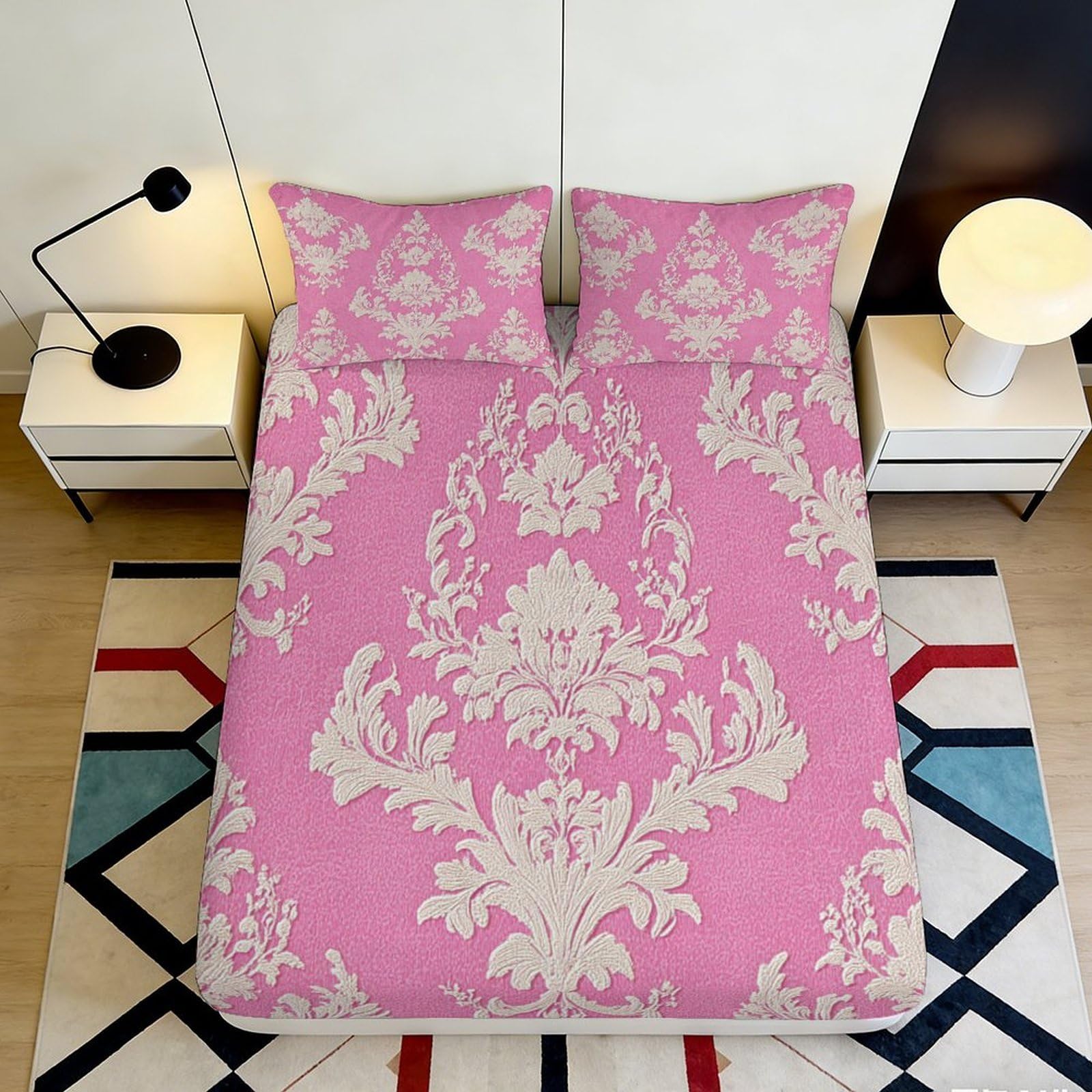 3D Printed Baroque Floral Fitted Sheet Microfiber Pink Damask Mattress Cover for Bedroom Guest Room Machine Washable 90x200x25cm
