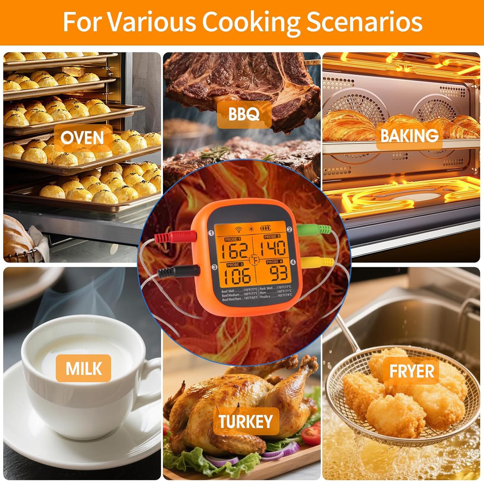 Termómetros de cocina de cuatro sondas, conexión preestablecida, rango de temperatura, pantalla digital para uso en interiores y exteriores, termómetros digitales para barbacoa con pantalla