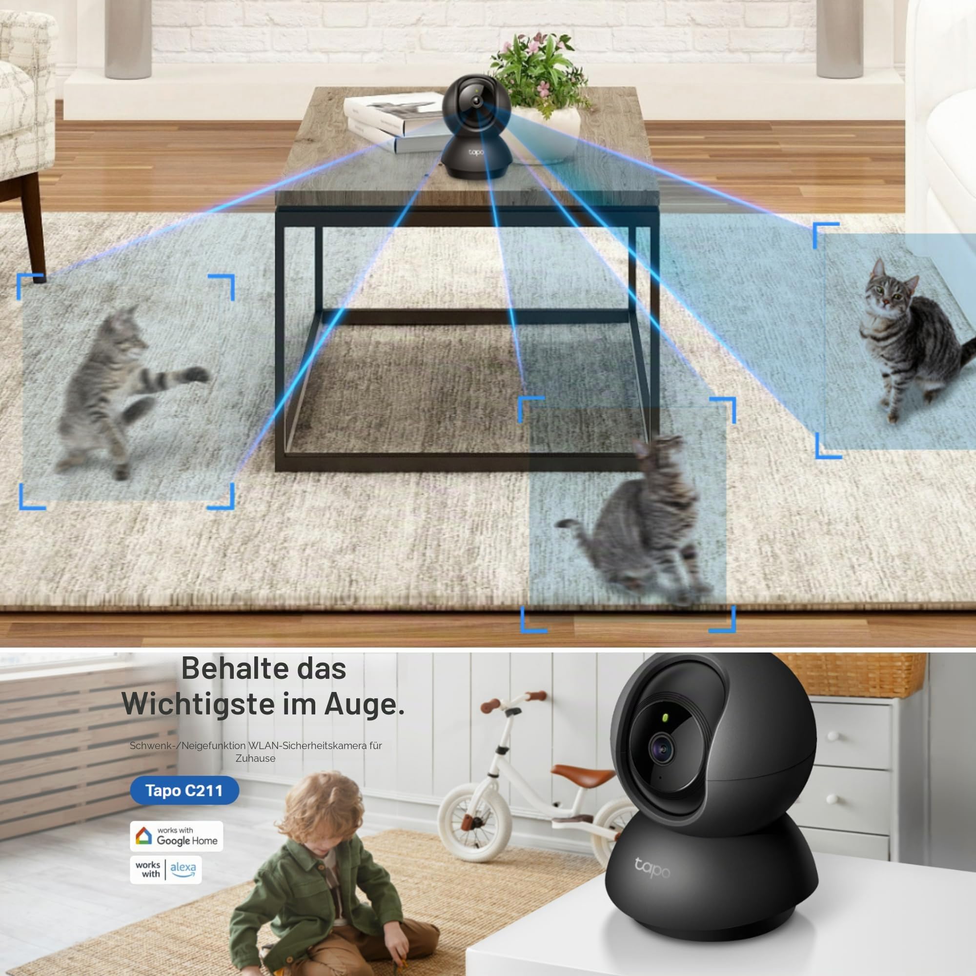 Tapo C211 2K 3MP Pan/Tilt Indoor Kamera Haus Sicherheitskamera WiFi Kamera Keine Monatliche Gebühr KI-Erkennung Hundekamera Babykamera Monitor CCTV 360° Ansicht Nachtsicht Funktioniert mit Alexa