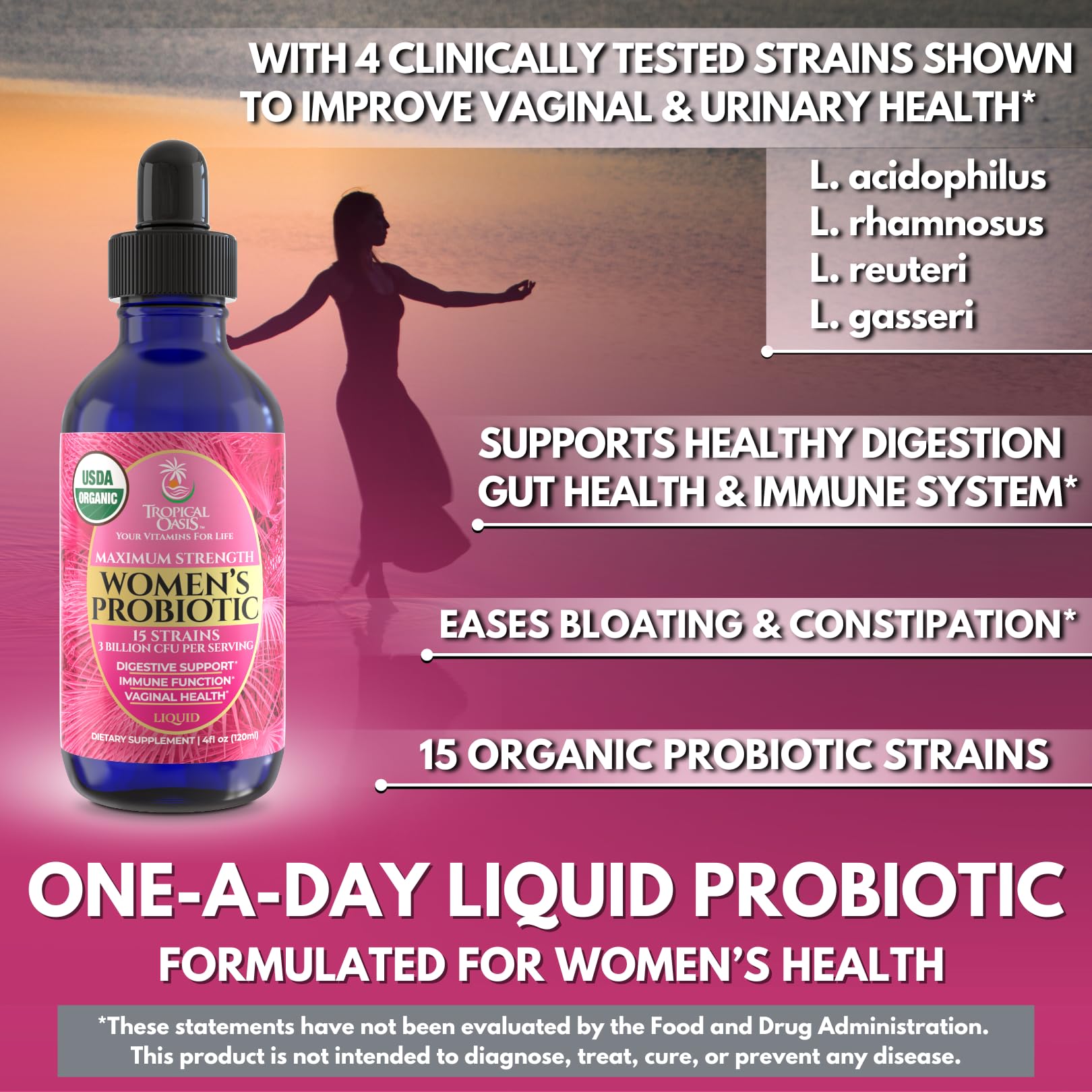 USDA Organic Liquid Probiotic for Women | PH Balance, UT, & Feminine Health | Digestive Support, Immune & Gut Health | 15 Clinically Studied Strains | 98% Absorption | Vegan, Non-GMO | 40 Servings — Amazon image 4
