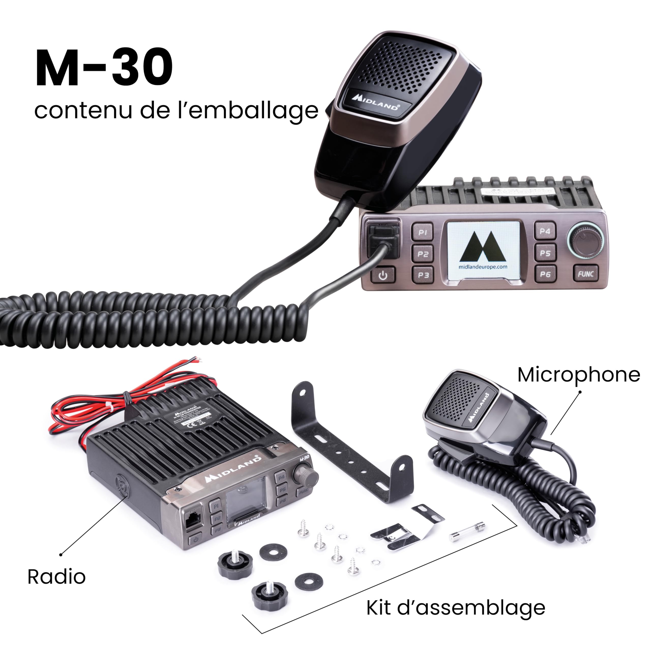 Midland- Radio CB M-30, Radio Récepteur Émetteur Professionnel Portable no Licence Multibande AM/FM Compatible avec 12V/24V, Écran TFT Couleurs, Squelch Numérique, Noise Blanker Anti Bruit, Dual Watch