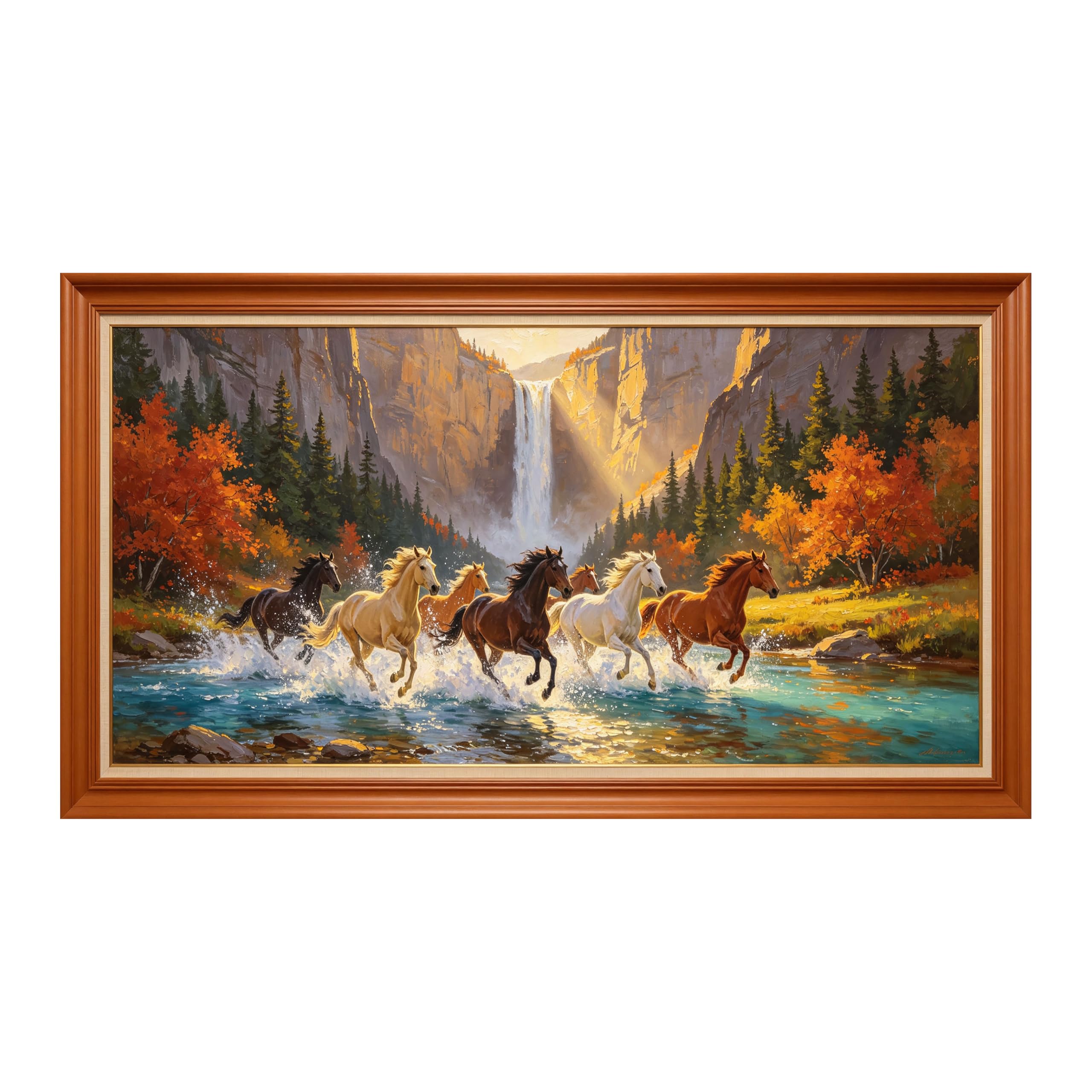 Yzpallescene Art260711232 3D Framed Wall Art Autumn Waterfall Running Horses Landscape Oil Painting Large Size Selfadhesive Removable Wall Decor Prints Artwork For Living Room Bedroom Office