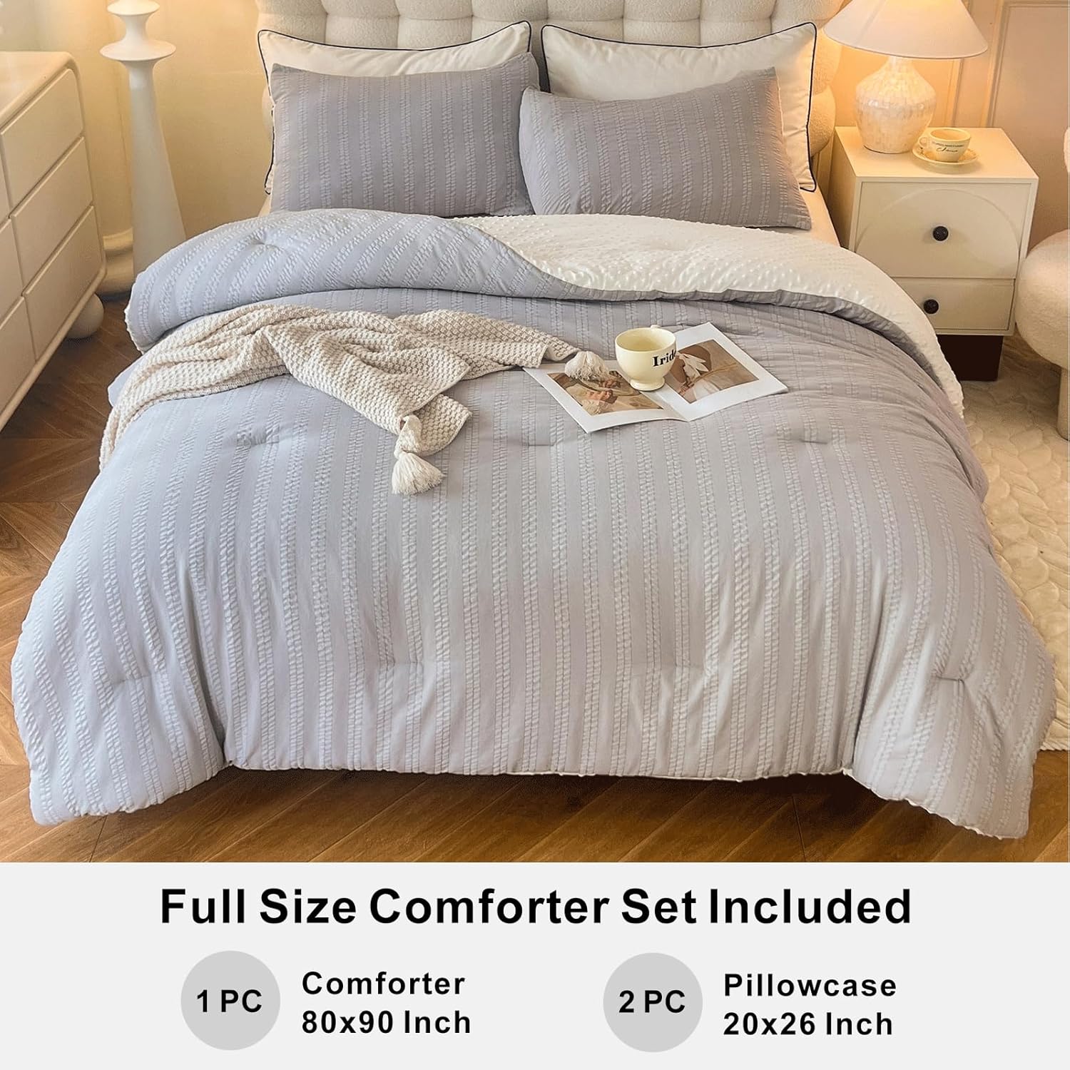 Boho Comforter Set Full Size Striped Pleats Bohemian Seersucker Bedding Set All Season Soft Cozy 3 Pieces Quilt with 2 Pillowcases(80"X90" Grey) - Image 5