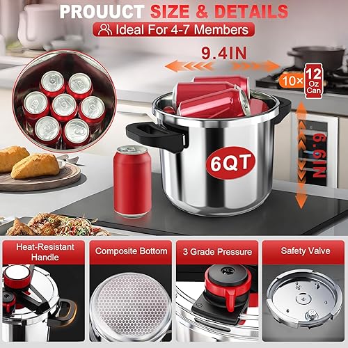 Miniatura 5 de Olla de Presion de acero inoxidable 188 de 6 cuartos de galón, bloqueo con una mano Olla de Presion, olla a presión 3 en 1, incluye tapa de vidrio y