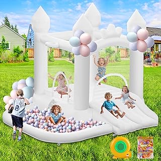 Castillo Hinchable Blanco casa de Rebote Castillo Inflable para niños 323 × 284 × 223 cm, con Doble tobogán Piscina de Bolas Trampolín Soplador Adecuado para Bodas Fiestas de cumpleaños Infantiles