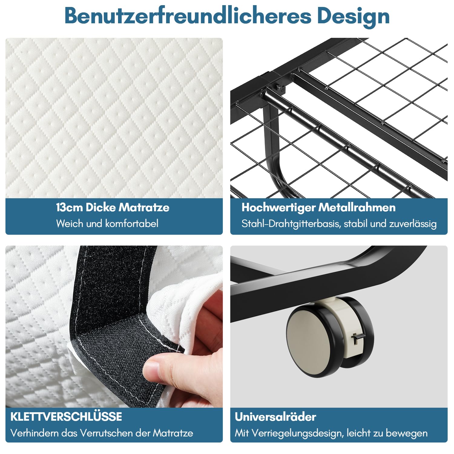 Eulenke Klappbett 90x200 cm Erwachsene Gästebett Klappbar Mit 13 cm Dicker Matratze, Faltbare Metallbett Mit Rollen, Reisebett bis 150 kg Belastbar für Schlafzimmer Wohnzimmer Büro