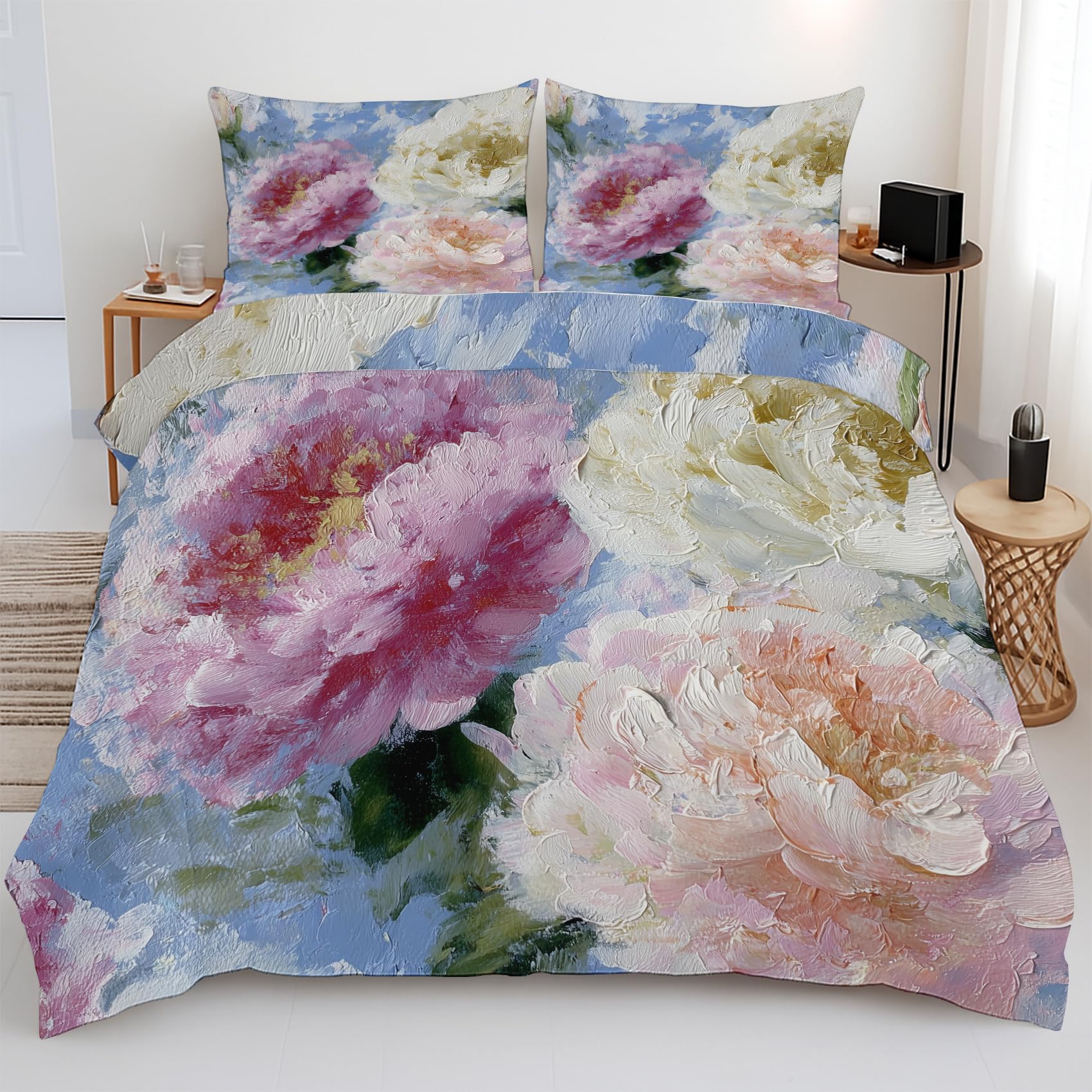 Housse de couette 200x200 fleurs microfibre parure de lit 3 pièces adulte