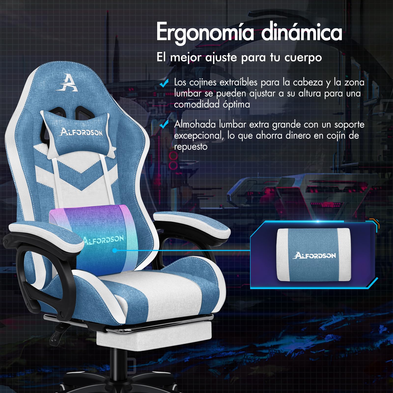 ALFORDSON Silla Gaming con Masaje y LED, Silla Gamer Ergonómica con Cojín Lumbar y Cervical, Reposapiés Telescópico, Iluminación para Ordenador, Videojuego, Juegos, Oficina, Lino(Azul y Blanca)