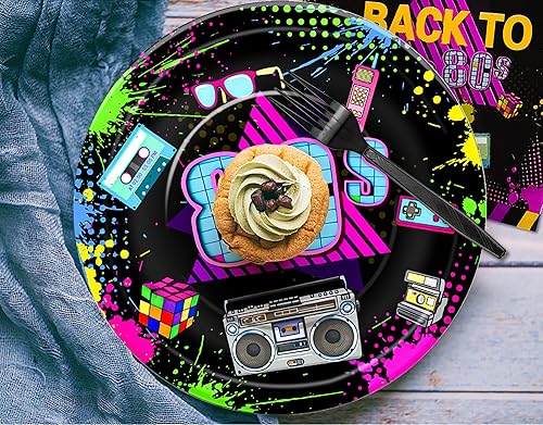 Miniatura 6 de Vajilla para decoración de fiesta de los años 80, platos de papel y servilletas de los años 80, suministros de fiesta, plato de cena, plato de