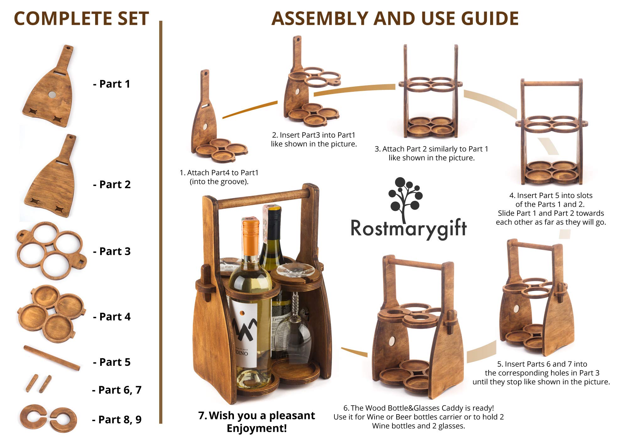 Weinflaschenhalter aus Holz – Bierträger – Trink-Schreibtisch-Zubehör – Wein-Organizer für Herren – Glas-Tablett-Halter – Weinaufbewahrungsständer – Getränkehalter für Bier, für Wein