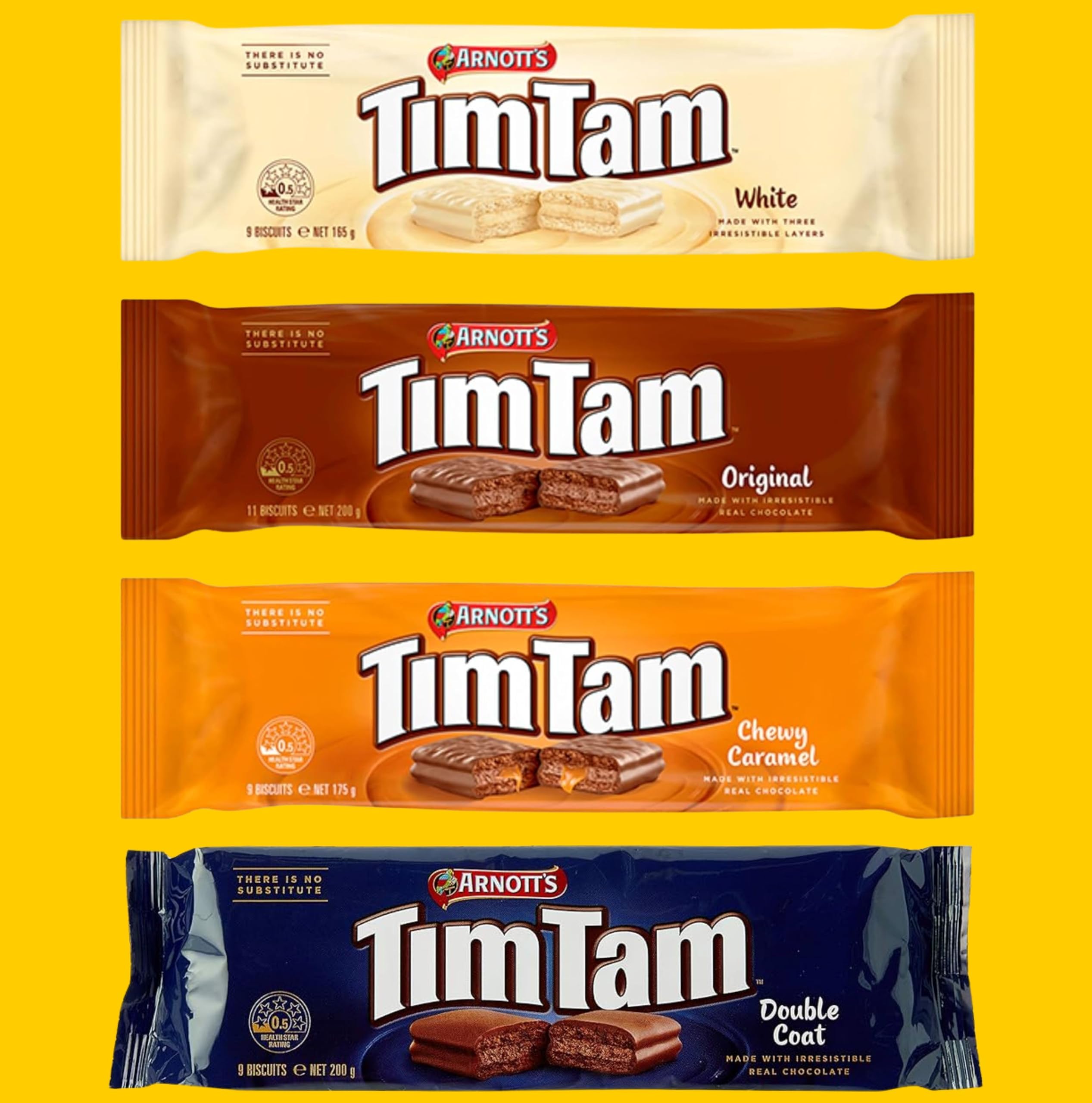 Tim Tam Chocolate Cookie Biscuits (Value 4 Packs) Original Chocolate with Chewy Caramel, White & Double Coat