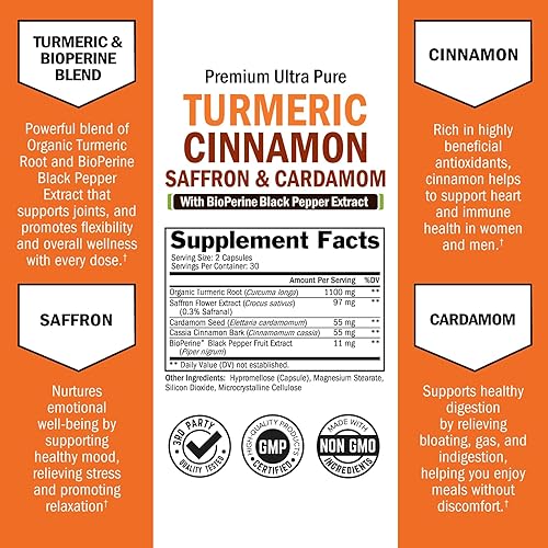 Miniatura 2 de Suplemento de cúrcuma con azafrán, canela y cardamomo más extracto de pimienta negra BioPerine para una absorción óptima, suplemento natural de
