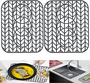 AWOKE Sink Protectors for Kitchen Sink - 13.6"x 11.6" Sink Mat - Heat-resistant Easy-clean Silicone Sink Mat - for Protection of Stainless Steel Sink with 3 Reserved Holes Pack of 2