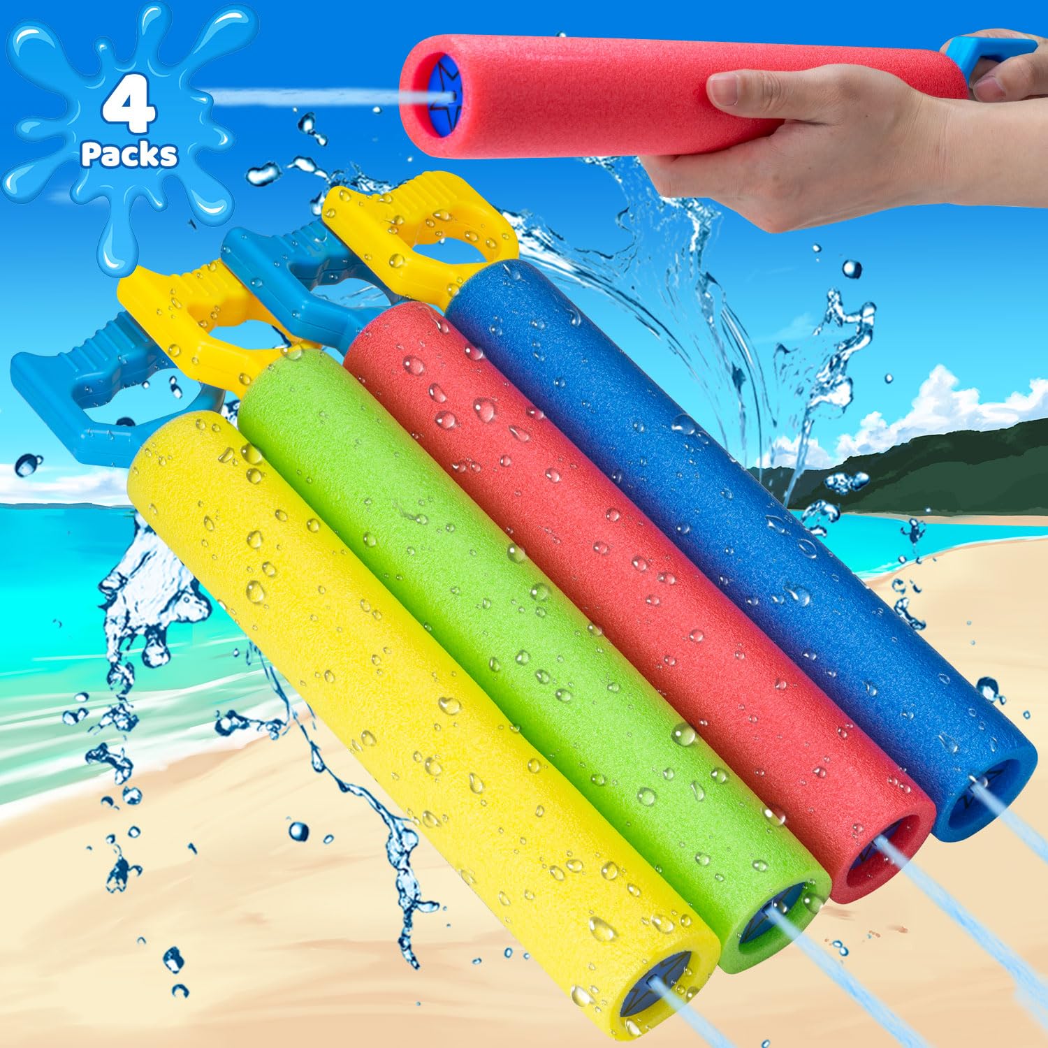 Water Guns, Pool Foam Blaster Squirt Guns 4 Pack - Lightweight, 38ft Range, Noodle Design, Bulk Summer Outdoor Swimming Pool, Backyard, Beach Water Game Fighting Play Toys for Kids Adults