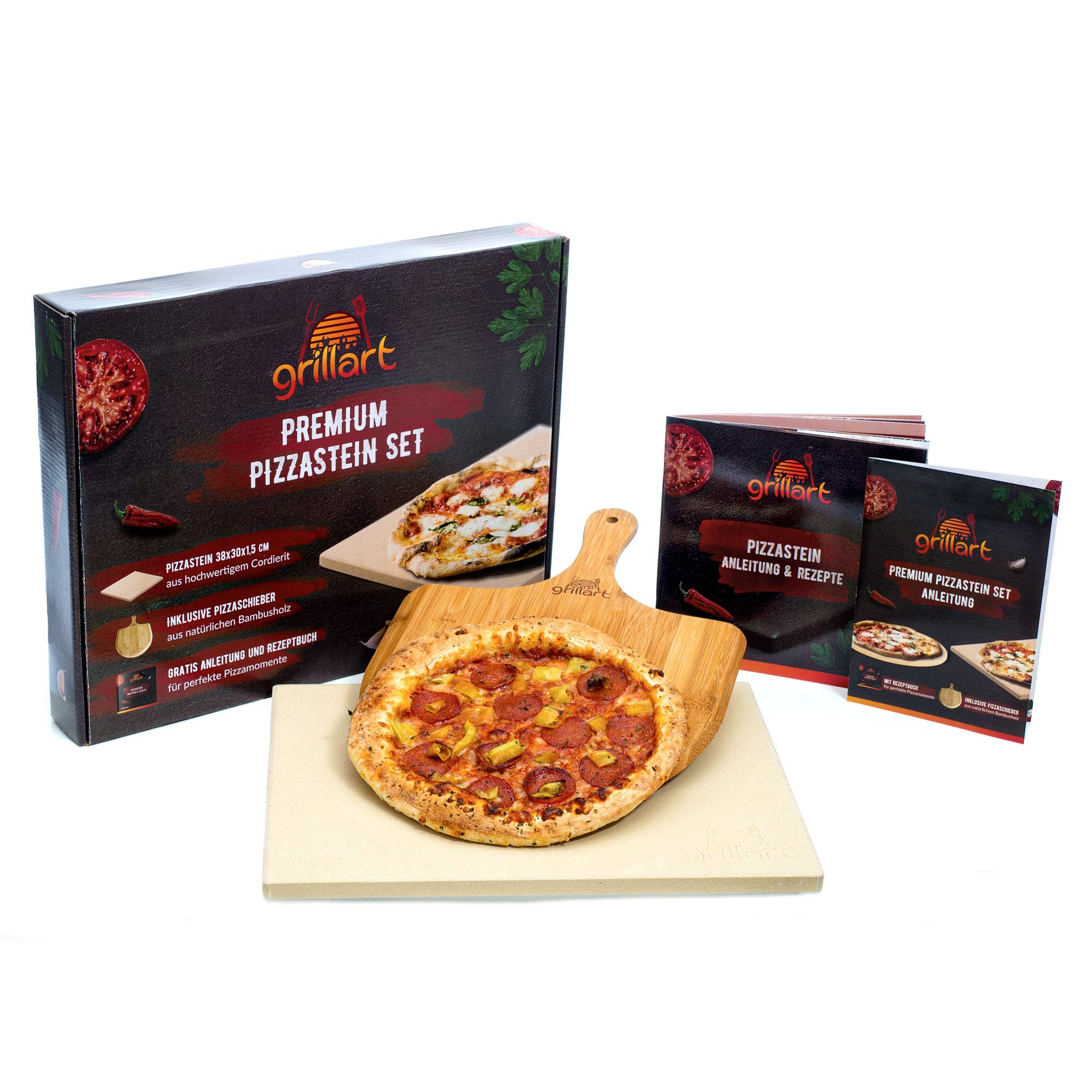 grillart® Kamień do pizzy premium do grilla gazowego, grilla na węgiel drzewny i piekarnika w zestawie – wysokiej jakości kamień do pizzy, prostokątny, łącznie z łopatką do pizzy i książką z