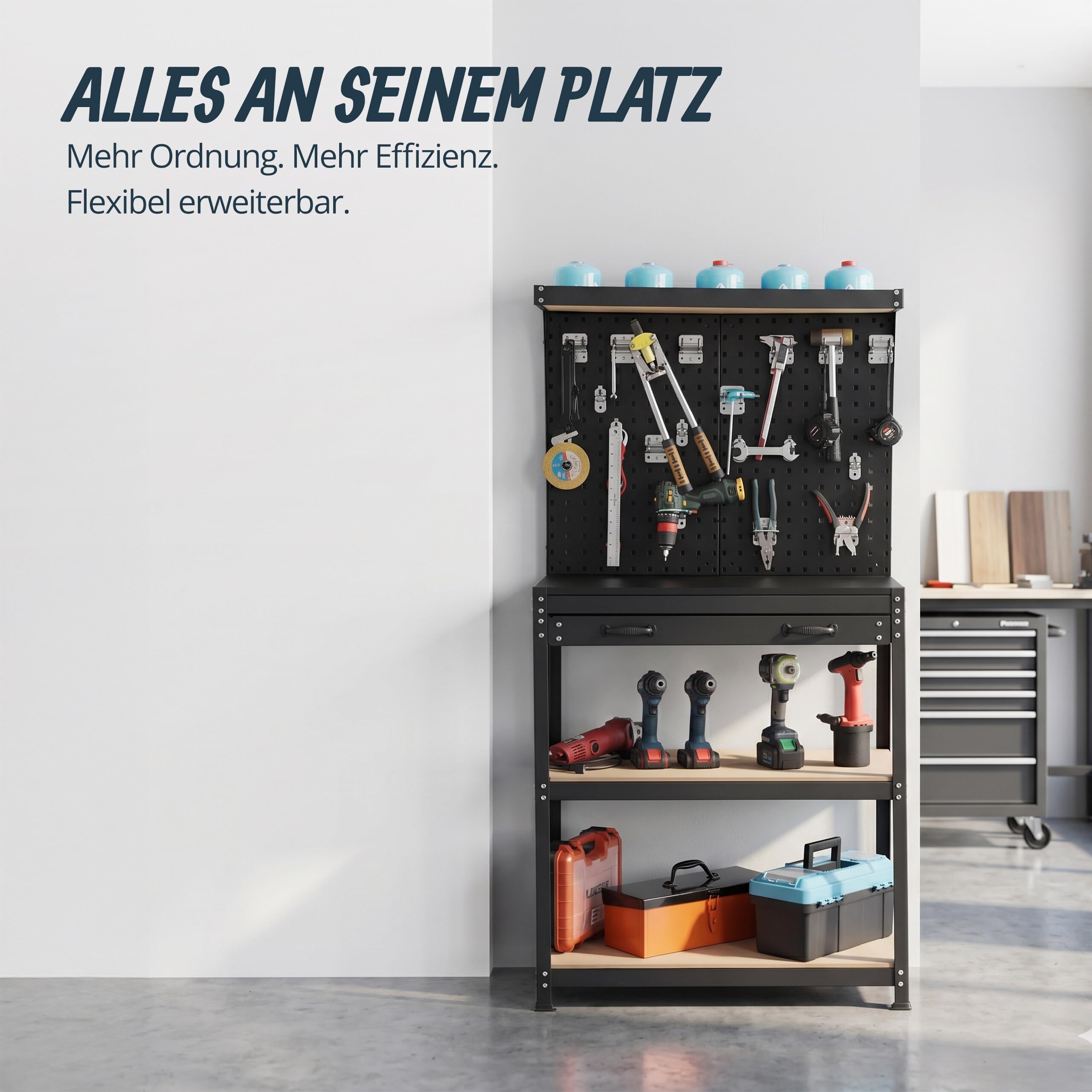 Relaxdays Werkbank, HBT: 156x81x41 cm, 3 Ebenen, mit Schublade, Lochwand & Zubehör, Stahl & MDF, Werkstattregal, schwarz