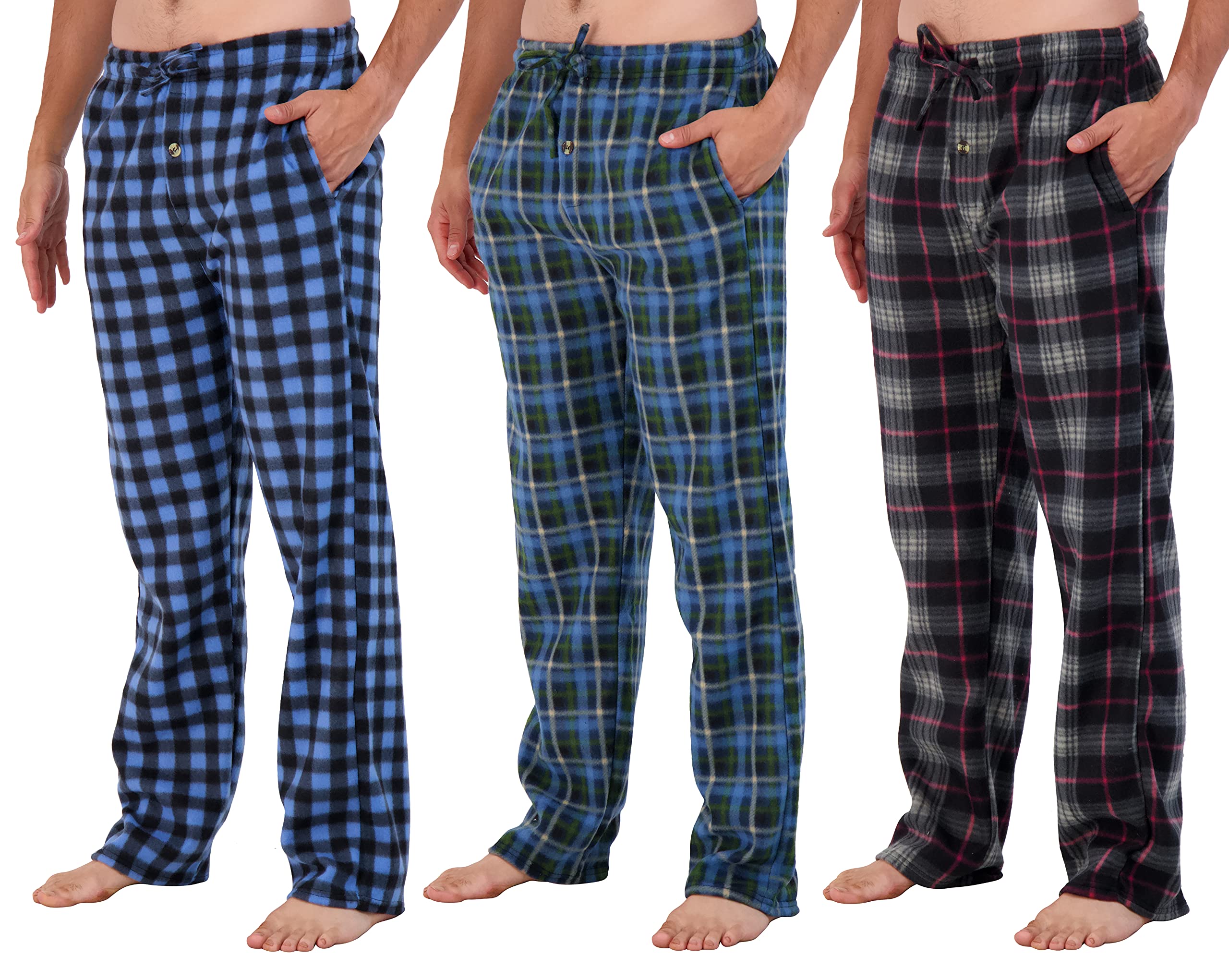 Real Essentials 3 Pack: Mens Fleece Plaid Pajama Pants - Lounge Pajama ...