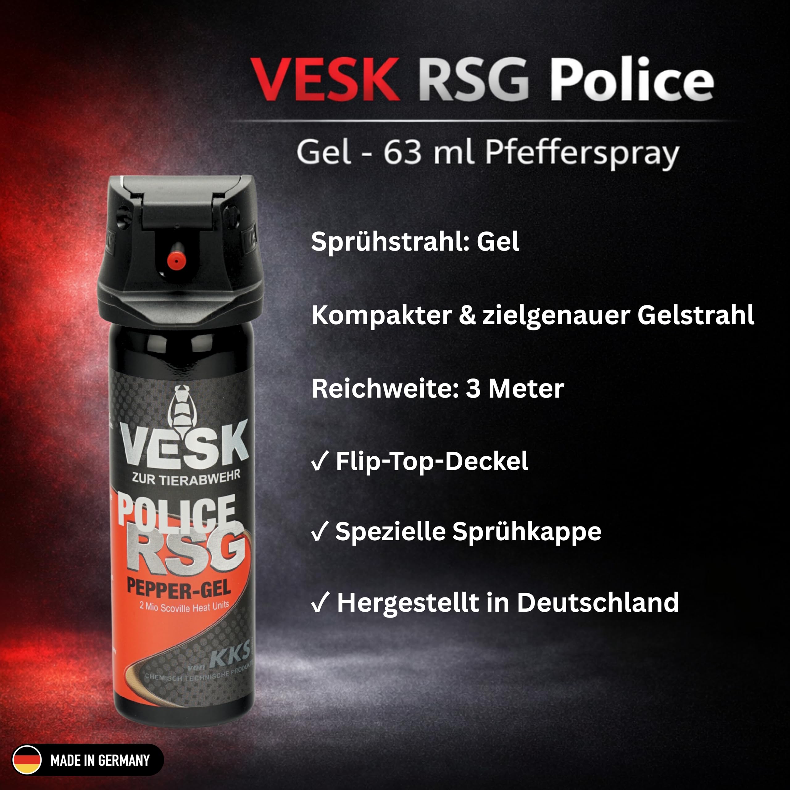 Pfefferspray Pfeffergel VESK RSG Police Gel 63 ml Sprühkopf mit Federdeckelkappe