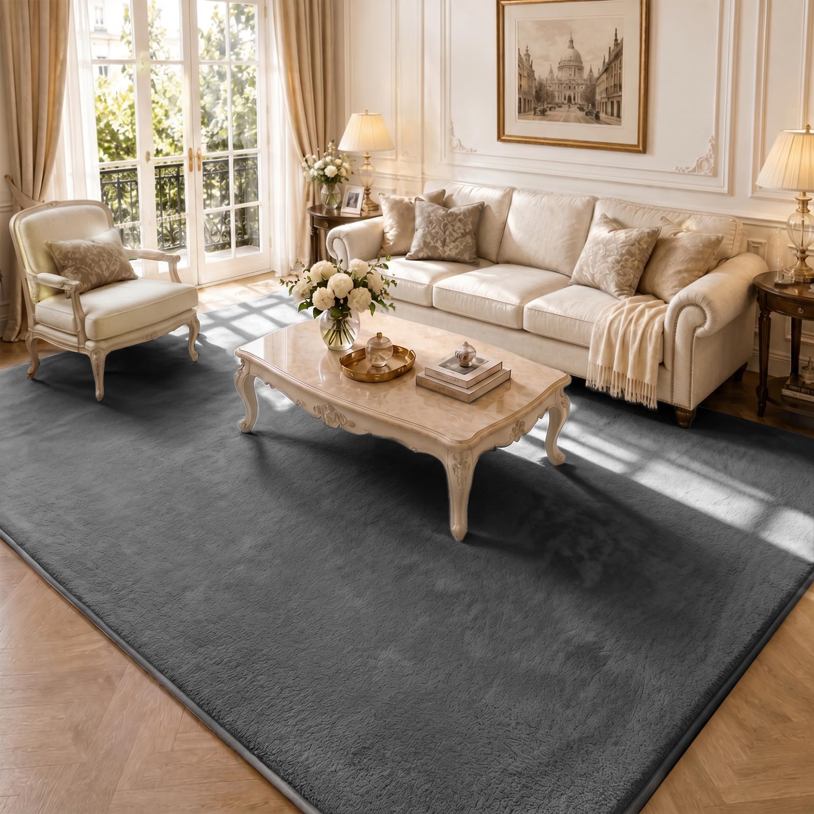 VOUNOT® Fluffy Rugs for Living Room and Bedroom, Soft Shaggy Floor Carpets with Non Slip Backing & Extra Underlay, Machine Washable, Large Area Rug, Modern & Cosy Home Decor, 240x340cm, Anthracite