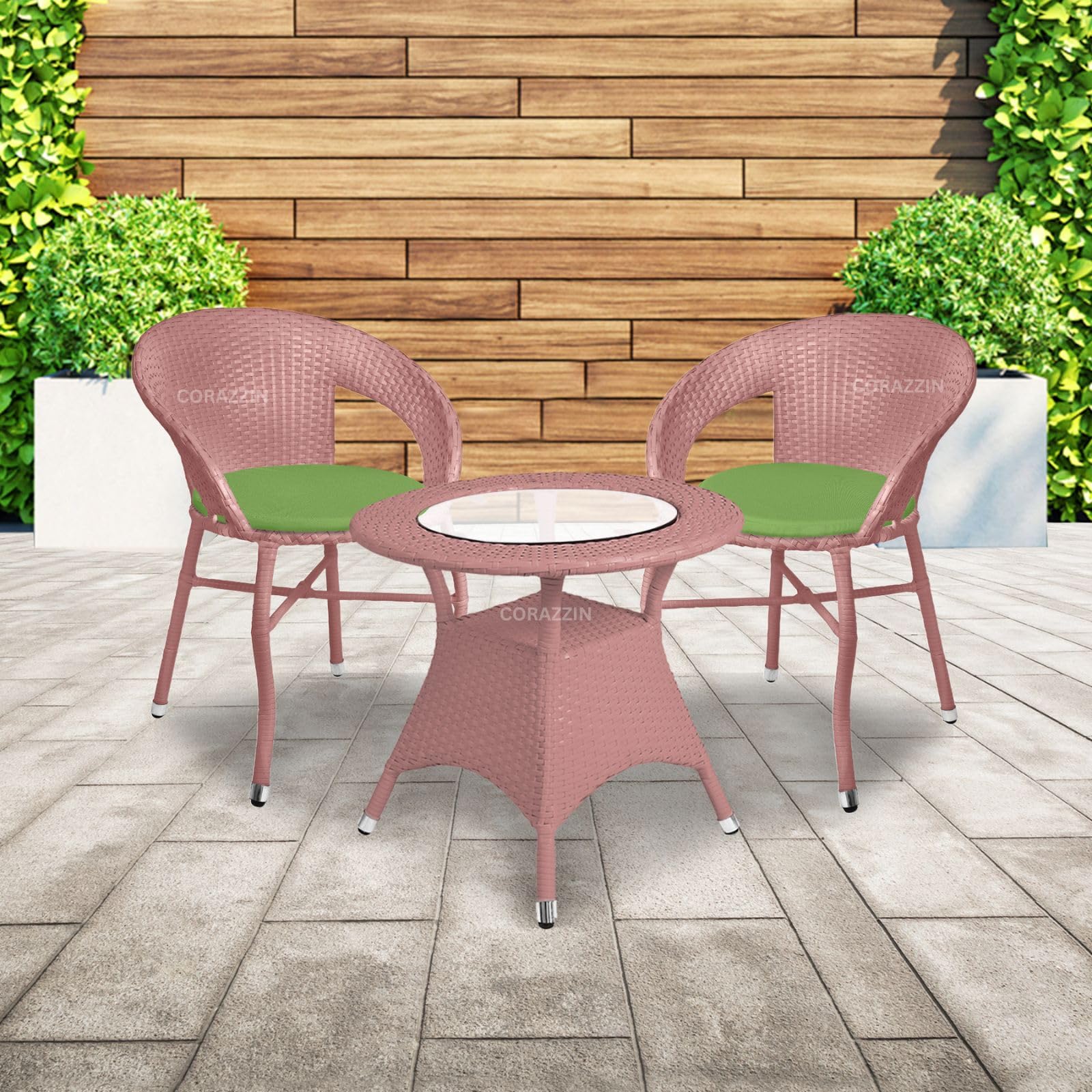 Rattan Wicker Garden Patio Seating Chair and Table Set for Outdoor Balcony Garden Coffee Table Sets Furniture with 1 Table and 2 Chairs with Green Cushion (Light Brown)-image-21