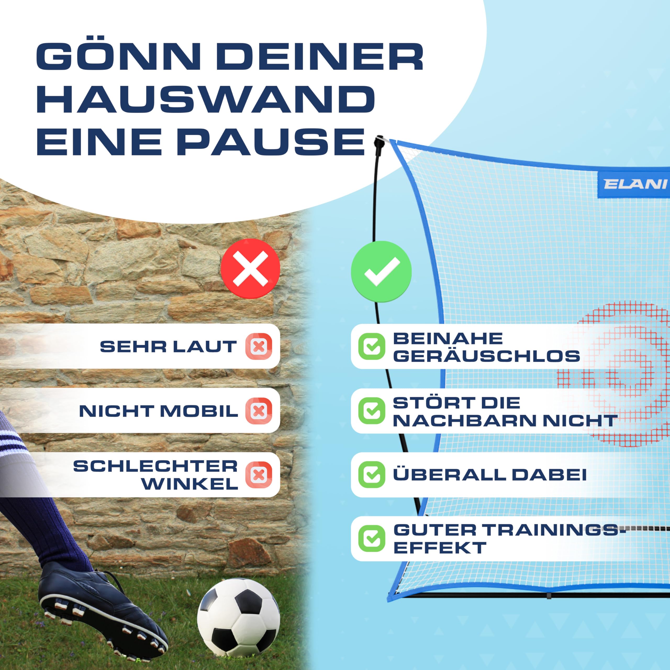 ELANI - Rebounder 2x2m - extra groß mit Zielring & 8 Heringen für sicheren Stand - Fussball Rebounder mit stabilem Rahmen - Fußball-rebounder, Handball Tor, Bouncer Fussball, Ball Trampolin