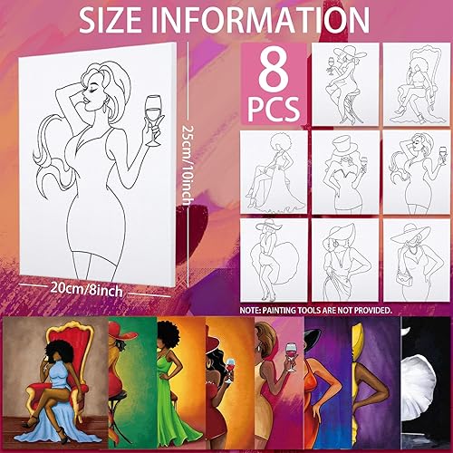 Miniatura 7 de 8 lienzos predibujados para pintar para adultos y niños, contorno de lienzo preestirado para pintar y sorber tema de reina afro y kit de piant para