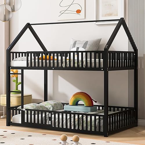 Twin Over Twin Bunk Bed with Door and Fence for Girls, Boys,Metal House Bed Frame w/Guardrail,Ladder for Teenagers Kids Bedroom,Space Saving Design, No Box Spring Needed,Black